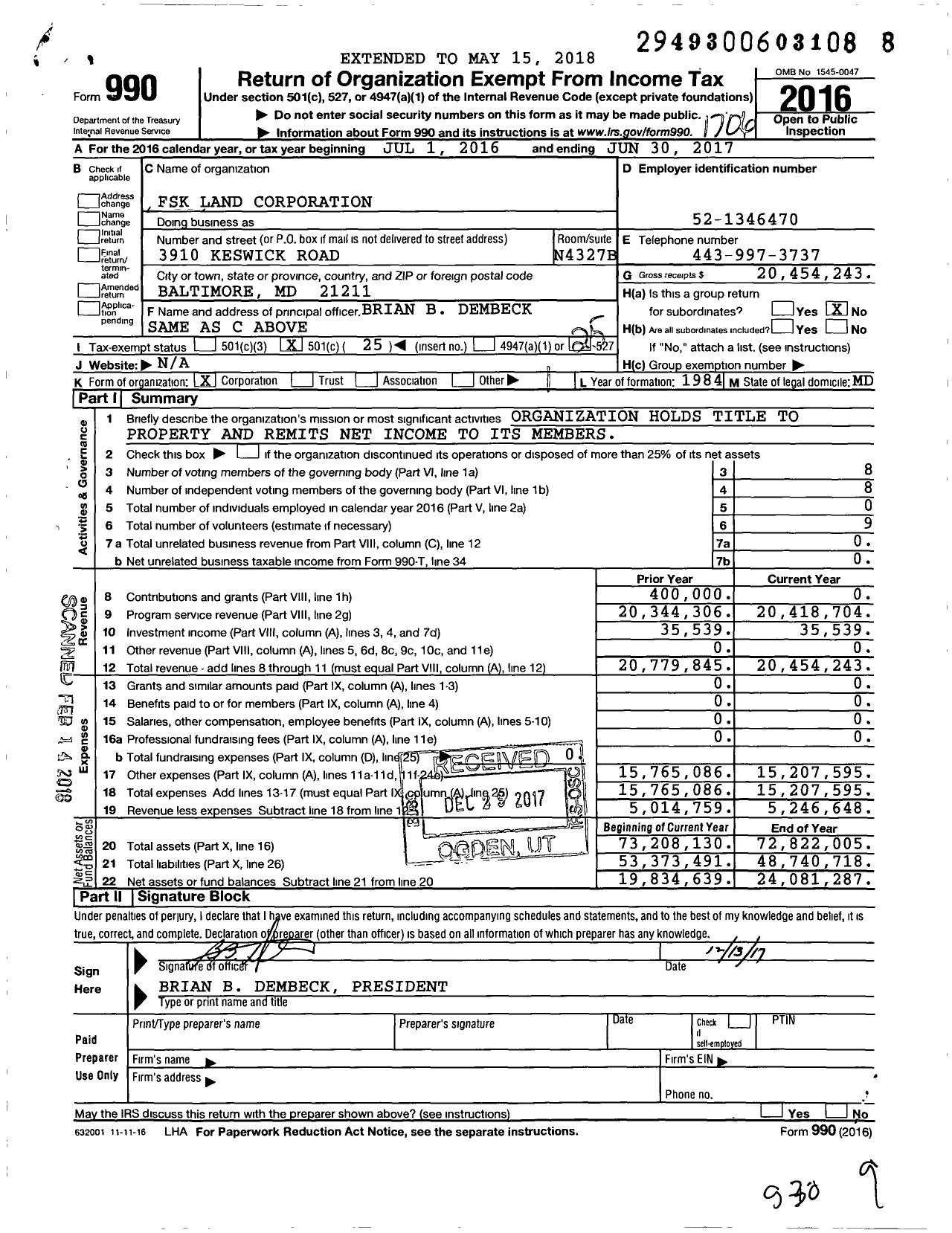 Image of first page of 2016 Form 990O for FSK Land Corporation