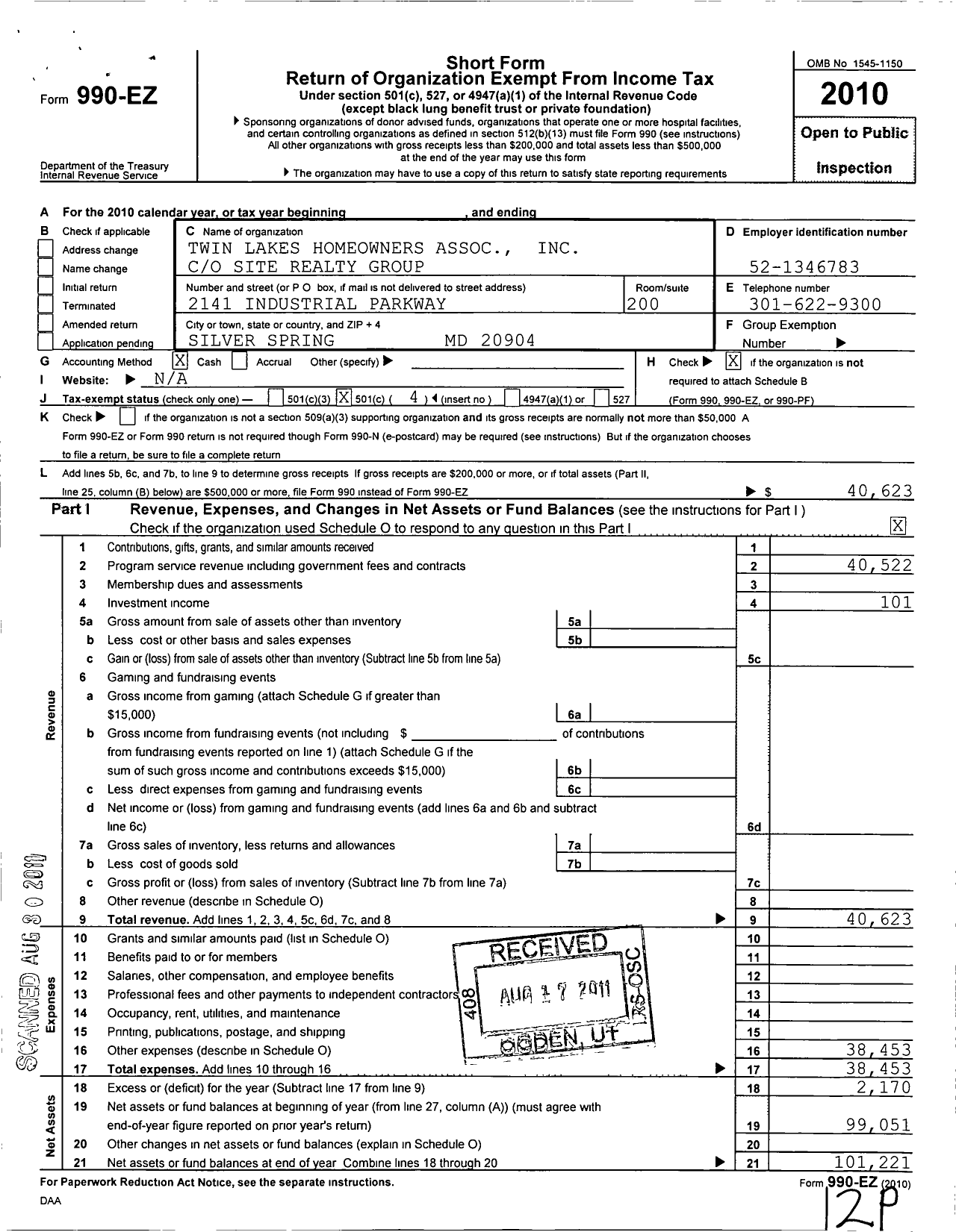 Image of first page of 2010 Form 990EO for Twin Lakes Homeowners Association