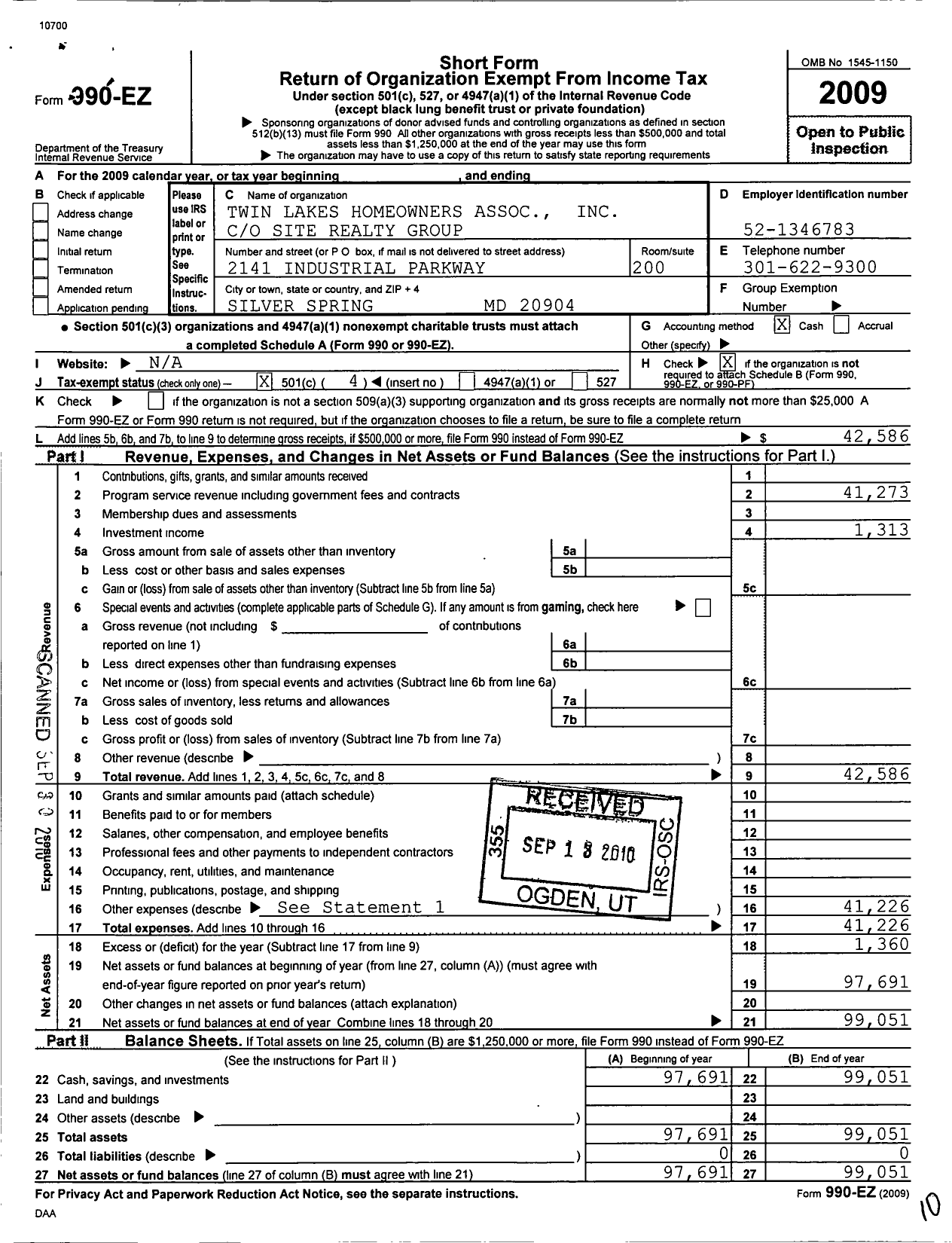 Image of first page of 2009 Form 990EO for Twin Lakes Homeowners Association