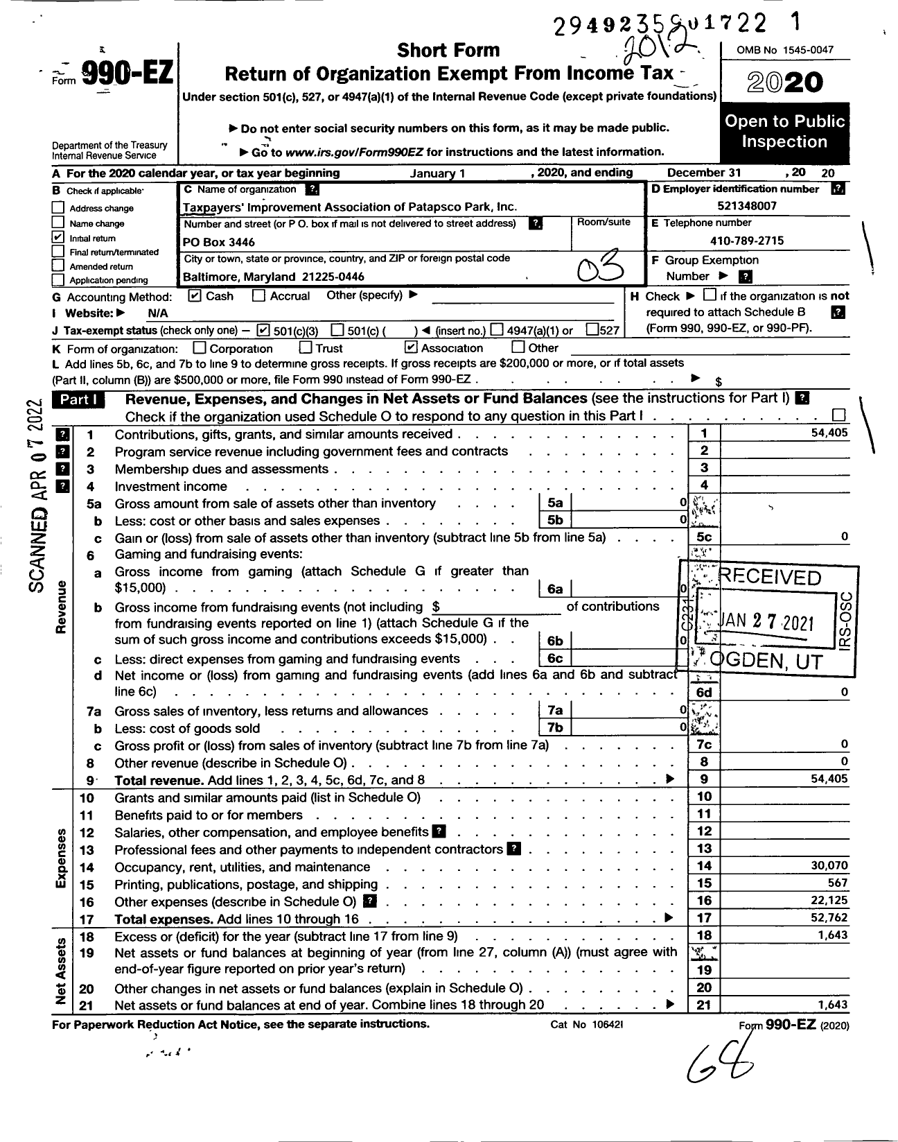 Image of first page of 2020 Form 990EZ for Taxpayers Improvement Association of Patapsco Park