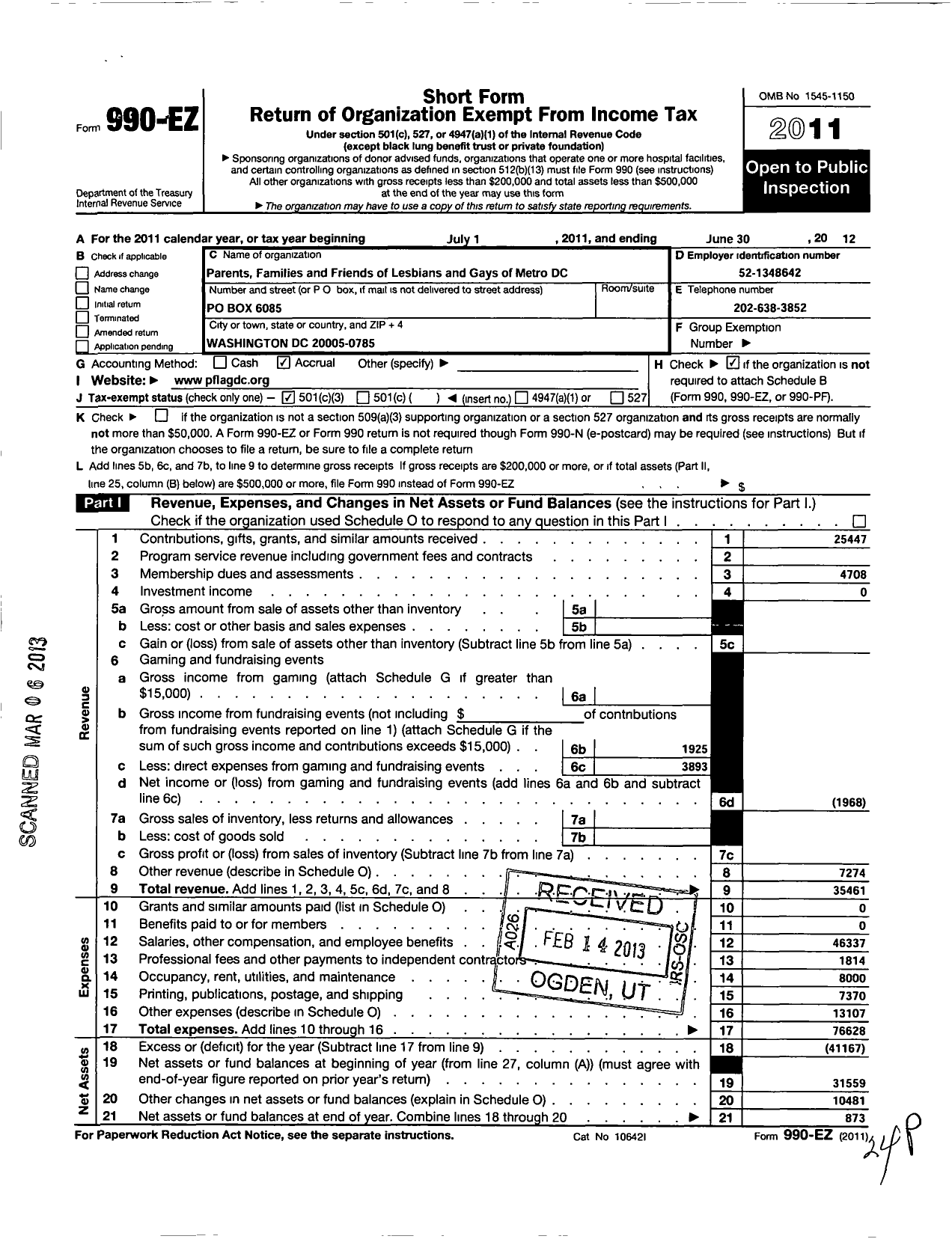 Image of first page of 2011 Form 990EZ for PARENTS FAMILIES and Friends of Lesbians and Gays