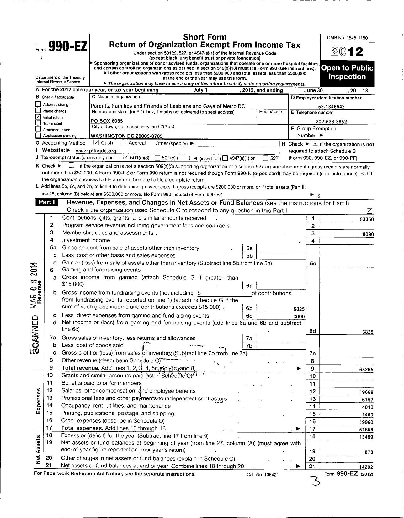 Image of first page of 2012 Form 990EZ for PARENTS FAMILIES and Friends of Lesbians and Gays