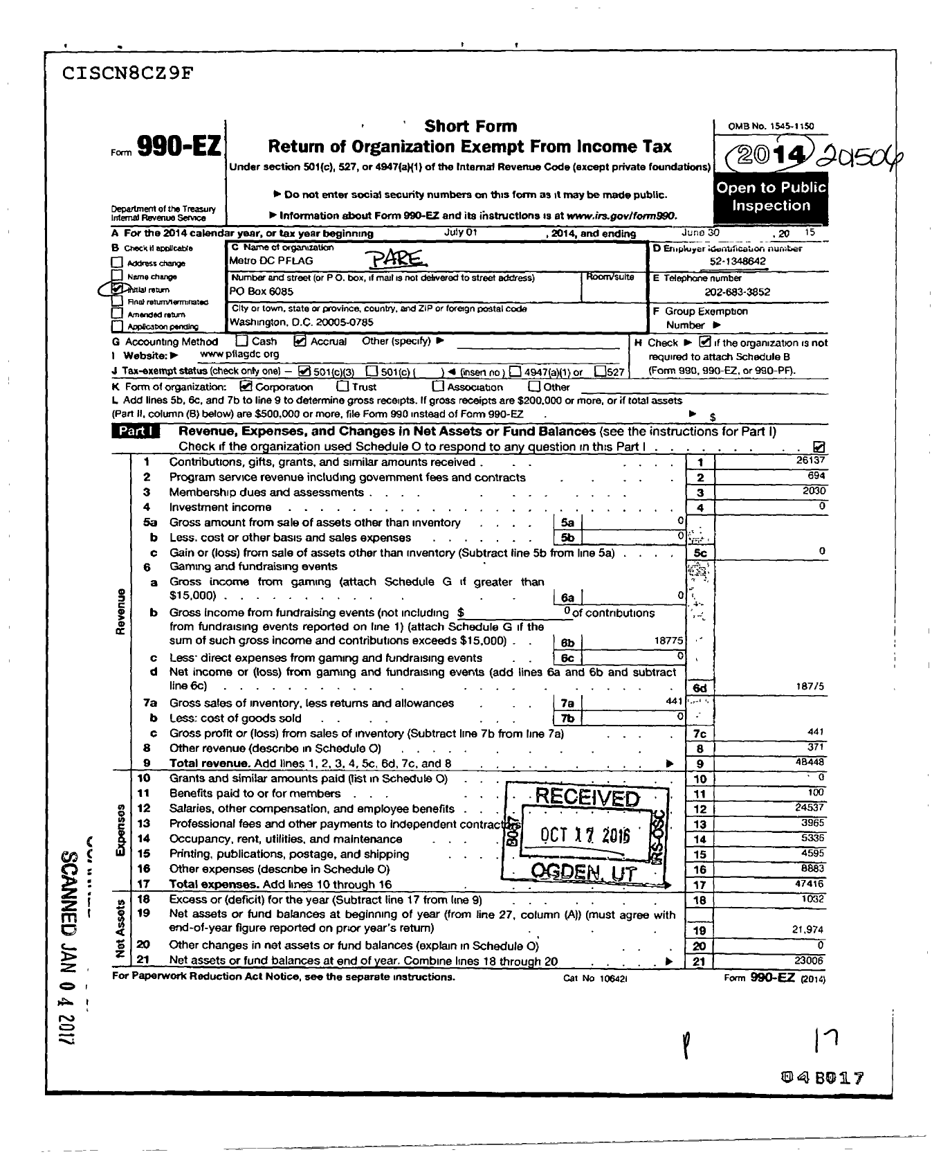 Image of first page of 2014 Form 990EZ for PARENTS FAMILIES and Friends of Lesbians and Gays