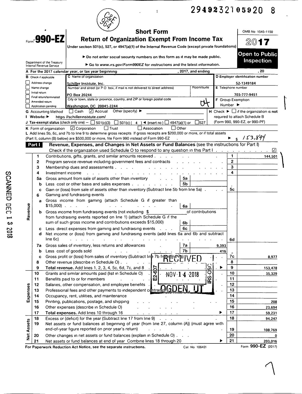 Image of first page of 2017 Form 990EO for Schiller Institute