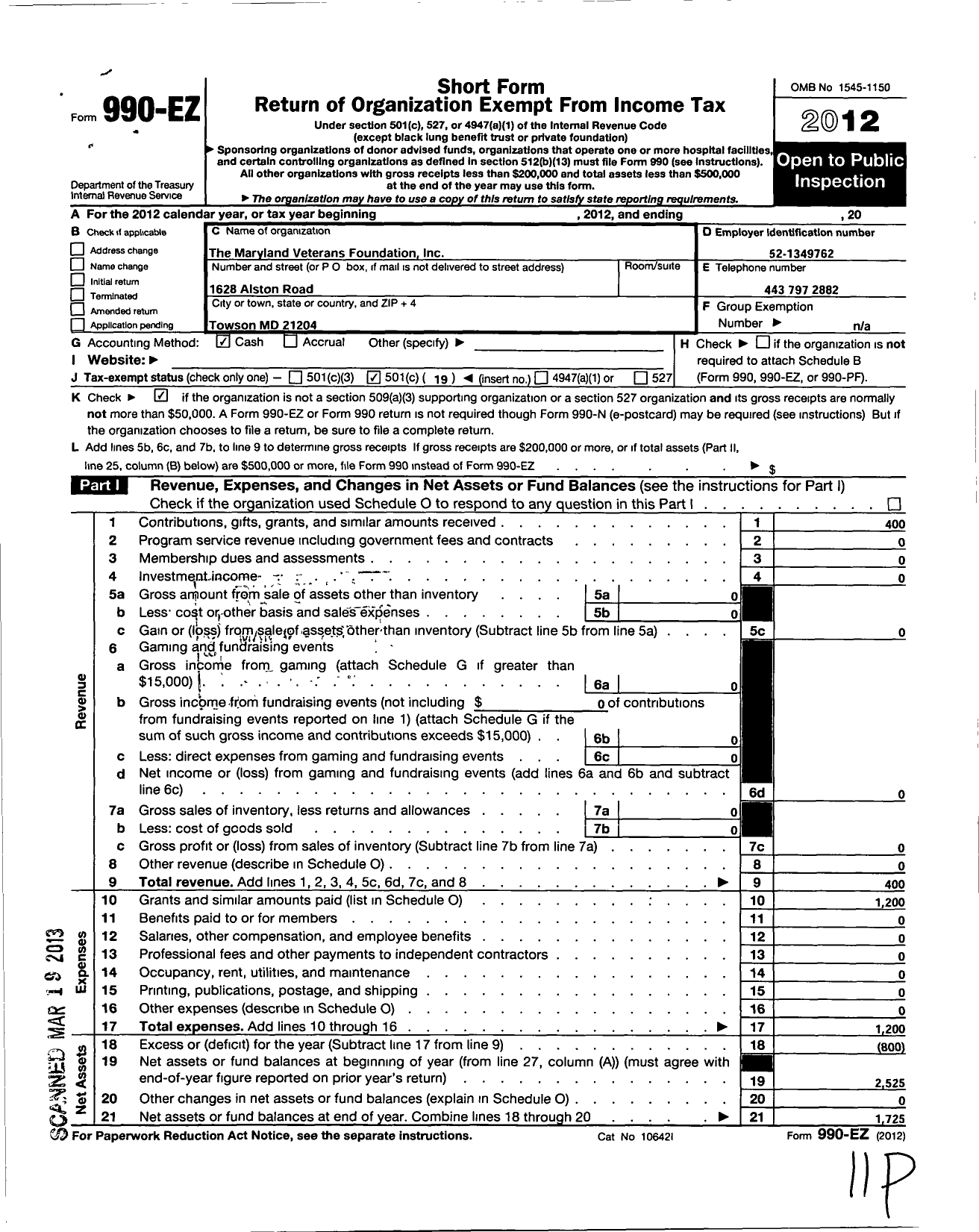 Image of first page of 2012 Form 990EO for Maryland Veterans Foundation