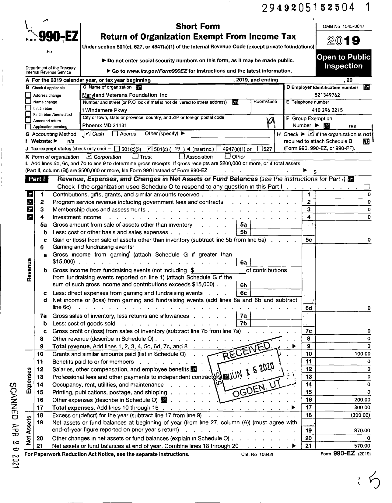 Image of first page of 2019 Form 990EO for Maryland Veterans Foundation