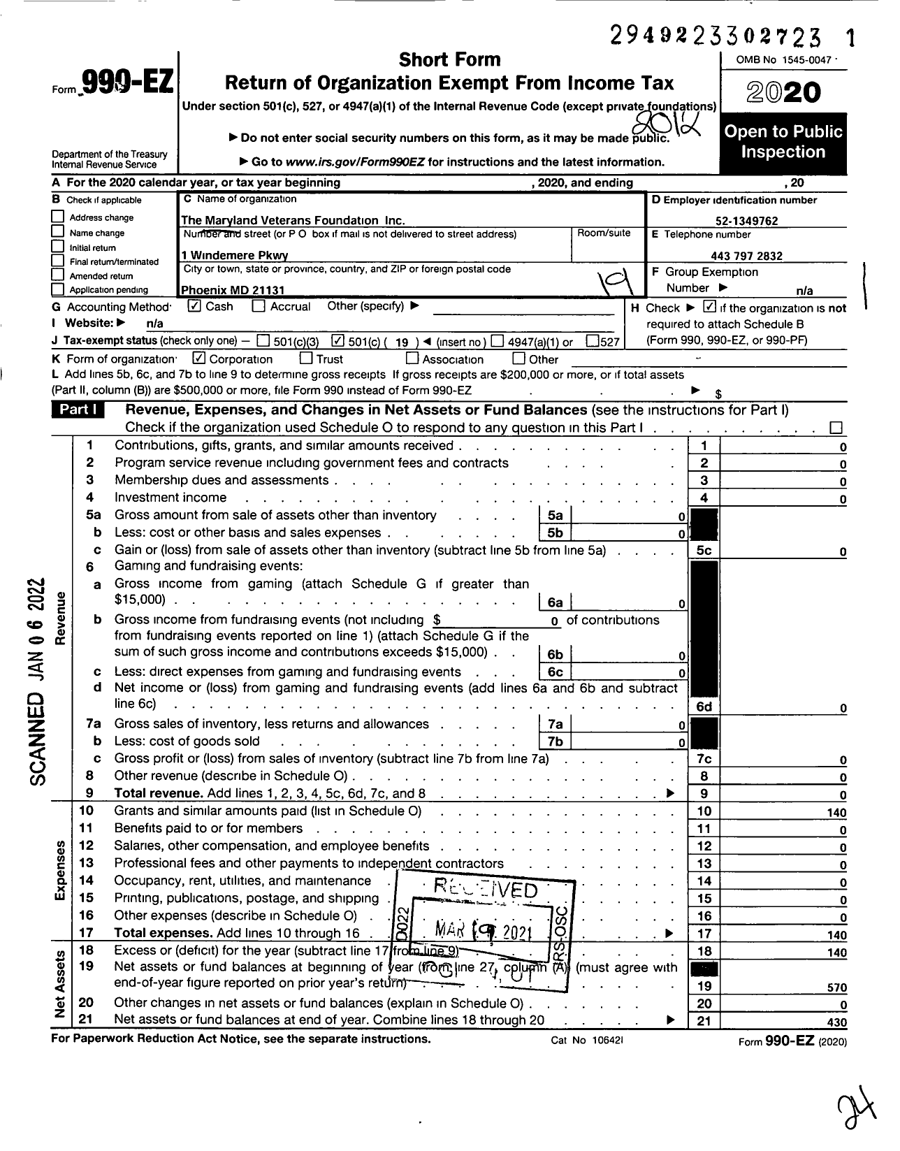 Image of first page of 2020 Form 990EO for Maryland Veterans Foundation