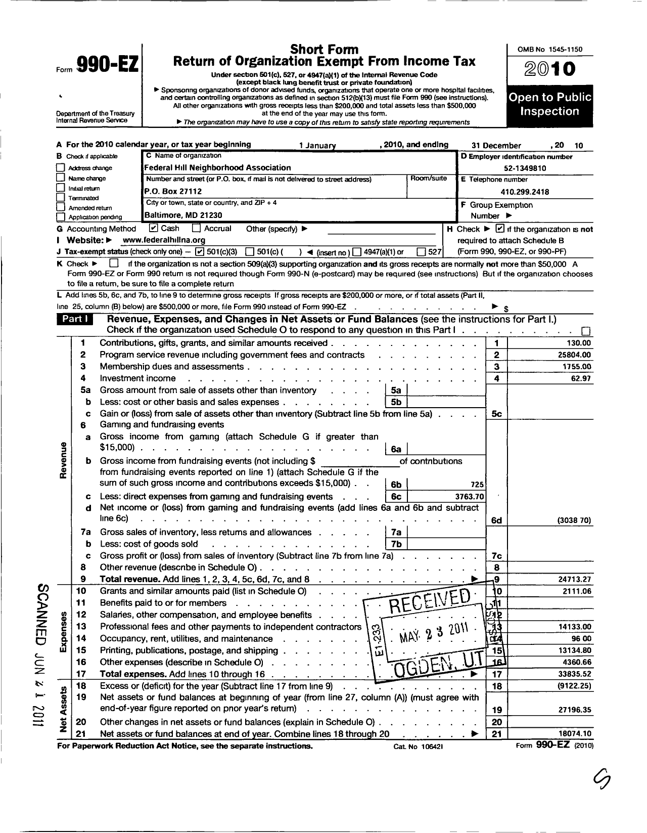 Image of first page of 2010 Form 990EZ for Federal Hill Neighborhood Association