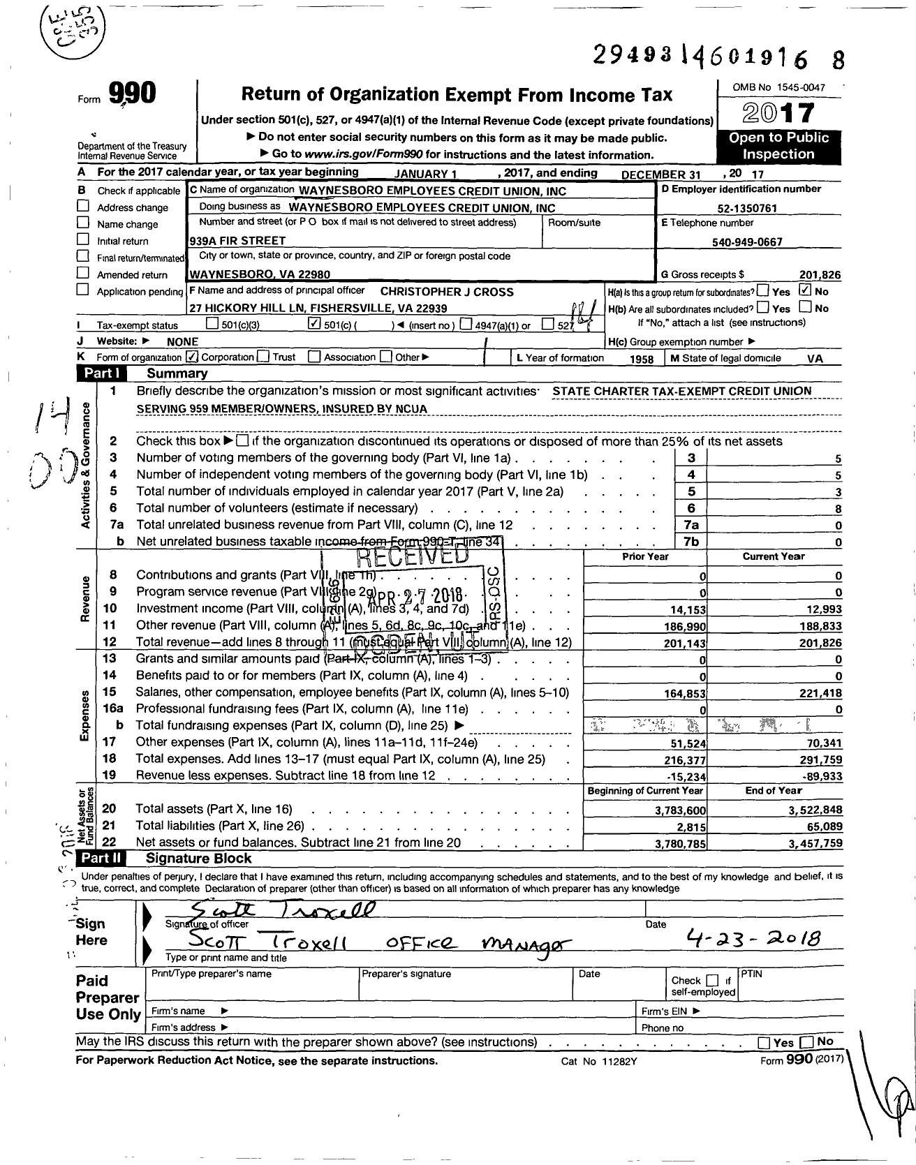 Image of first page of 2017 Form 990O for Waynesboro Employees Credit Union