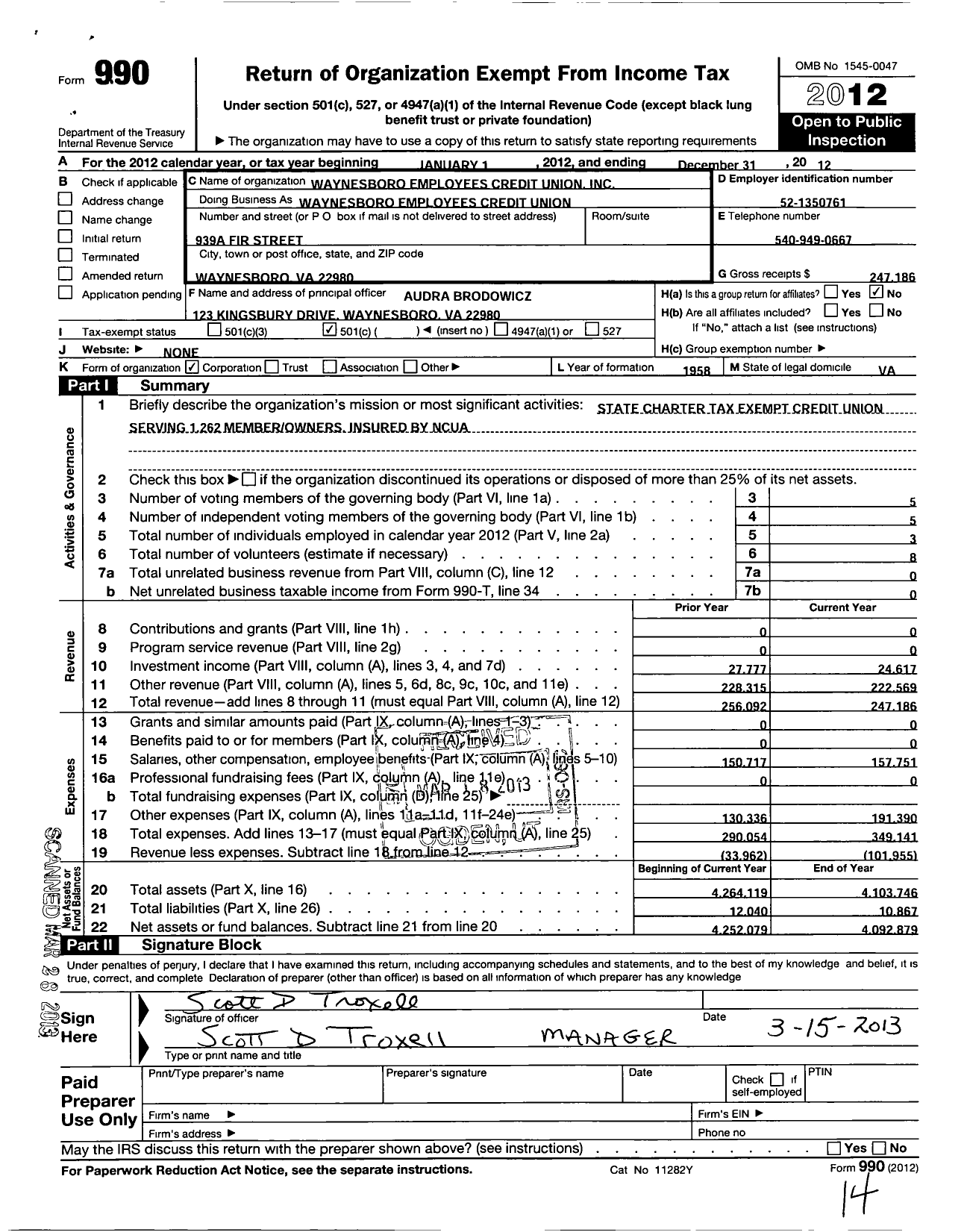Image of first page of 2012 Form 990O for Waynesboro Employees Credit Union