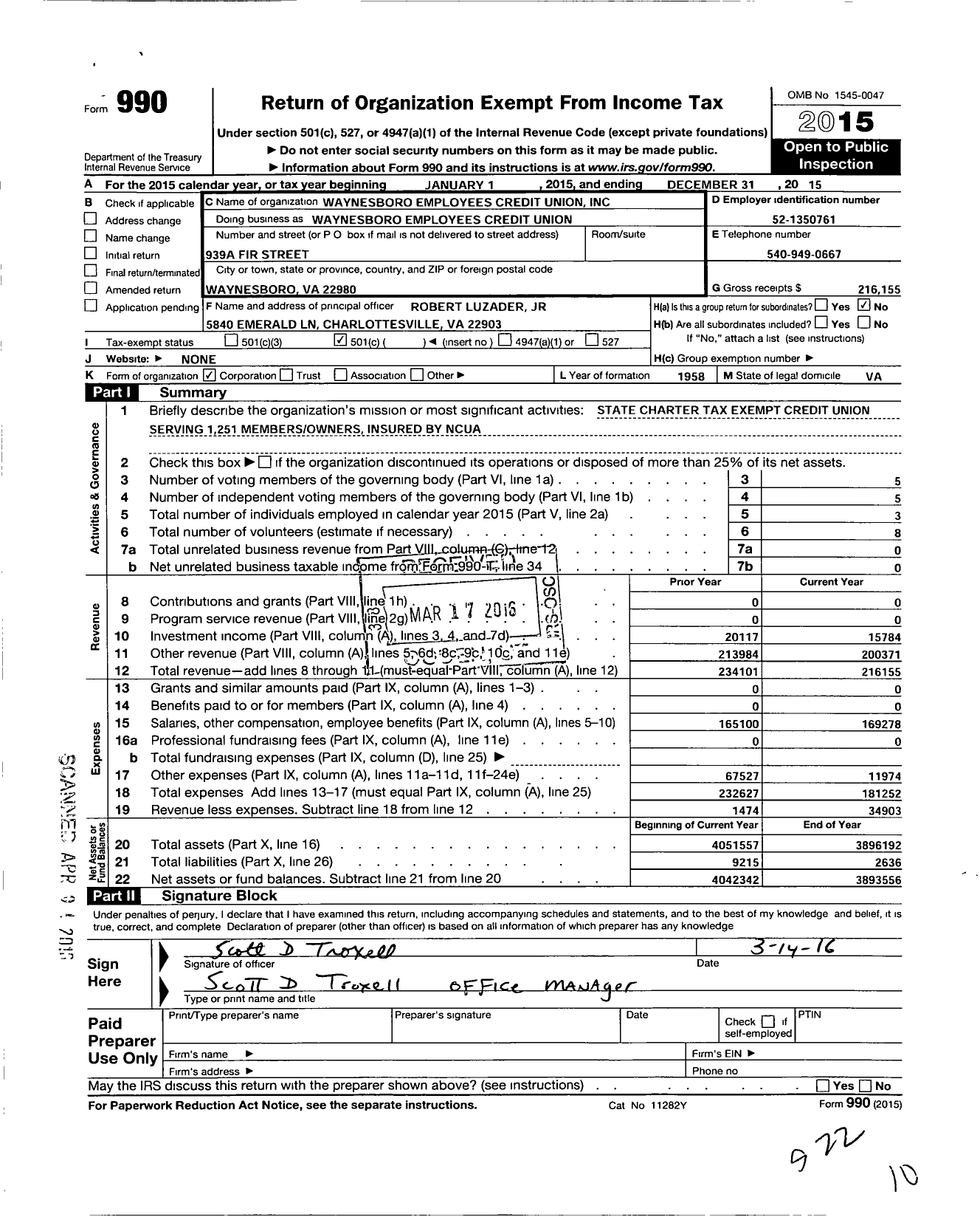 Image of first page of 2015 Form 990O for Waynesboro Employees Credit Union