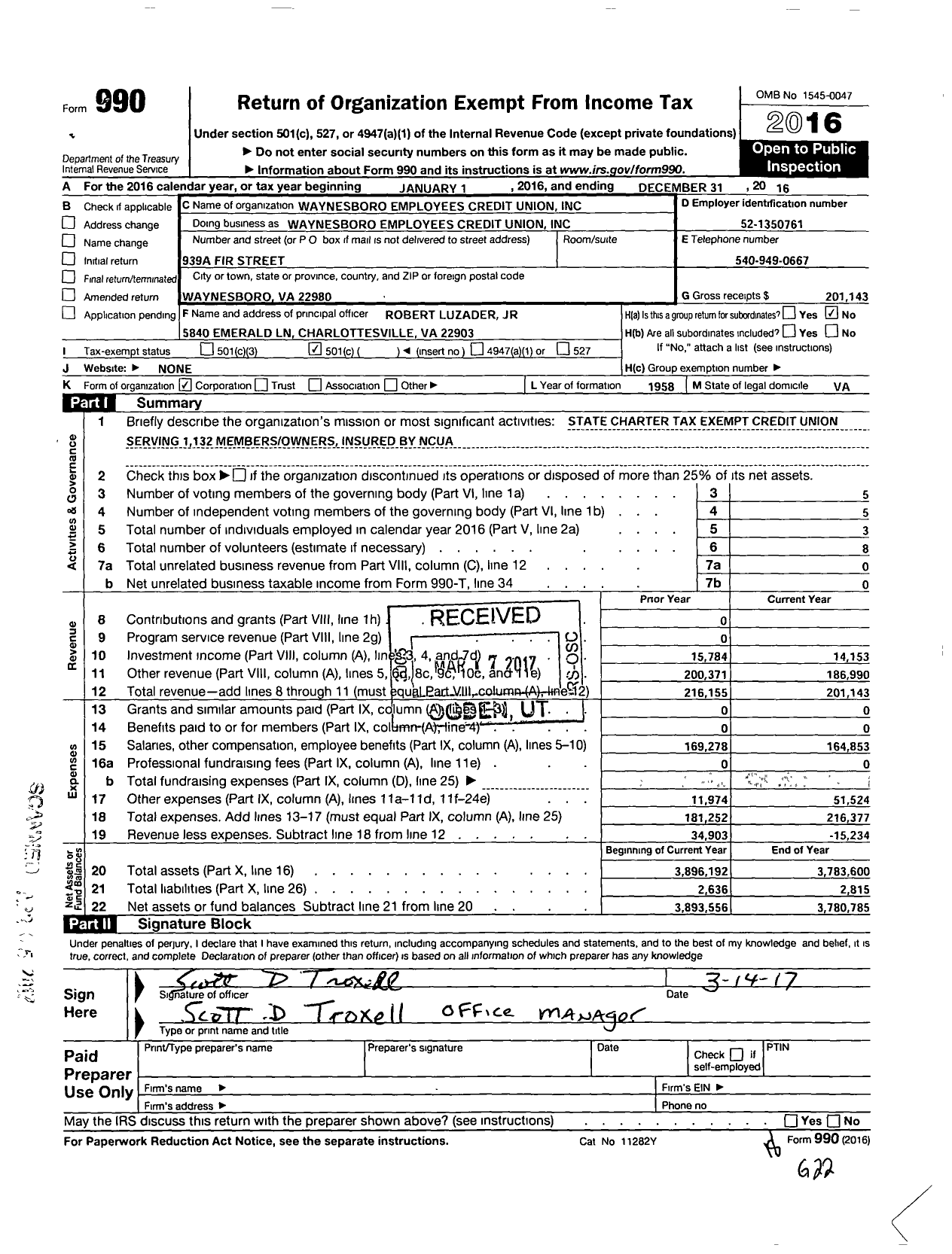 Image of first page of 2016 Form 990O for Waynesboro Employees Credit Union