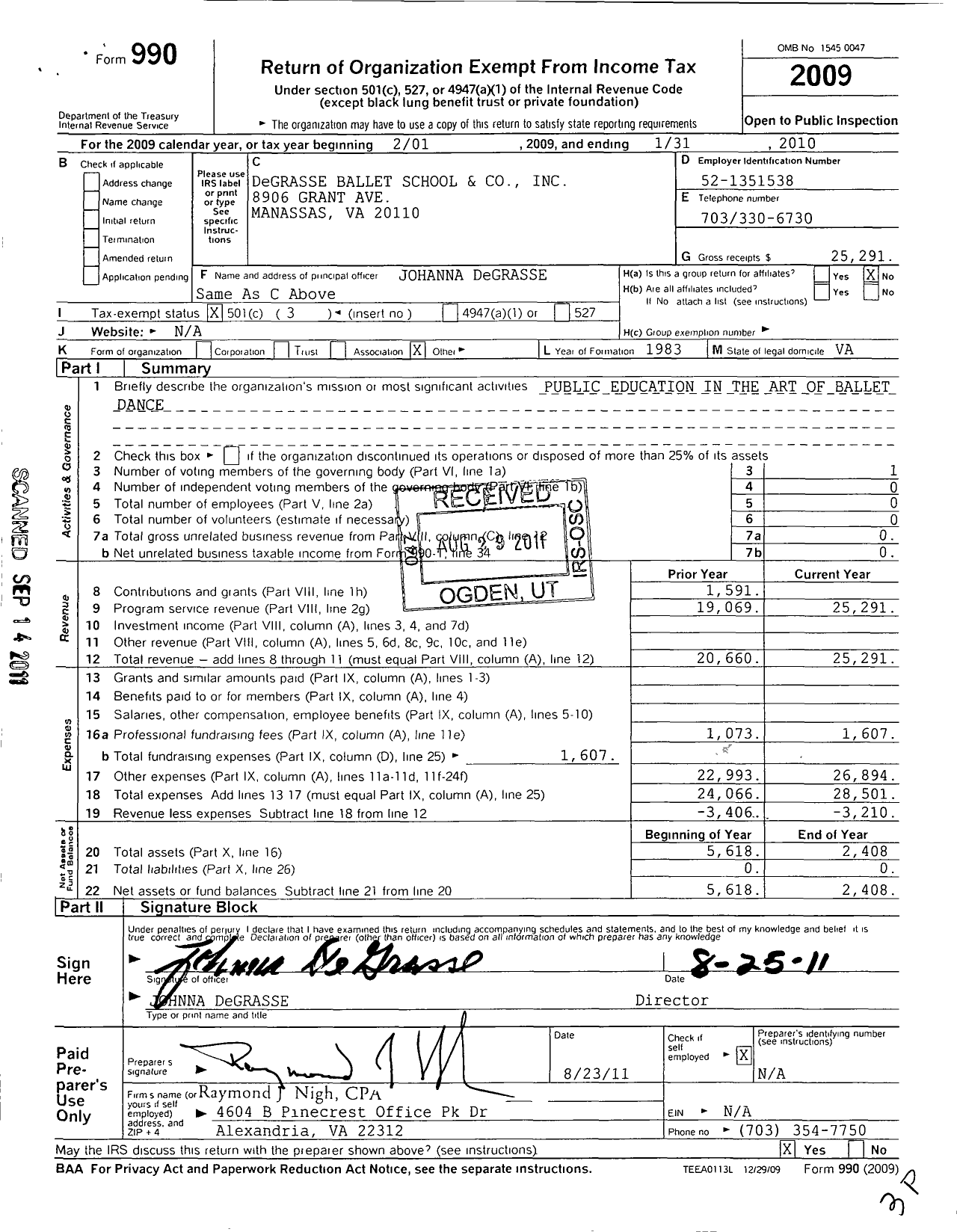 Image of first page of 2009 Form 990 for Potomac Ballet School