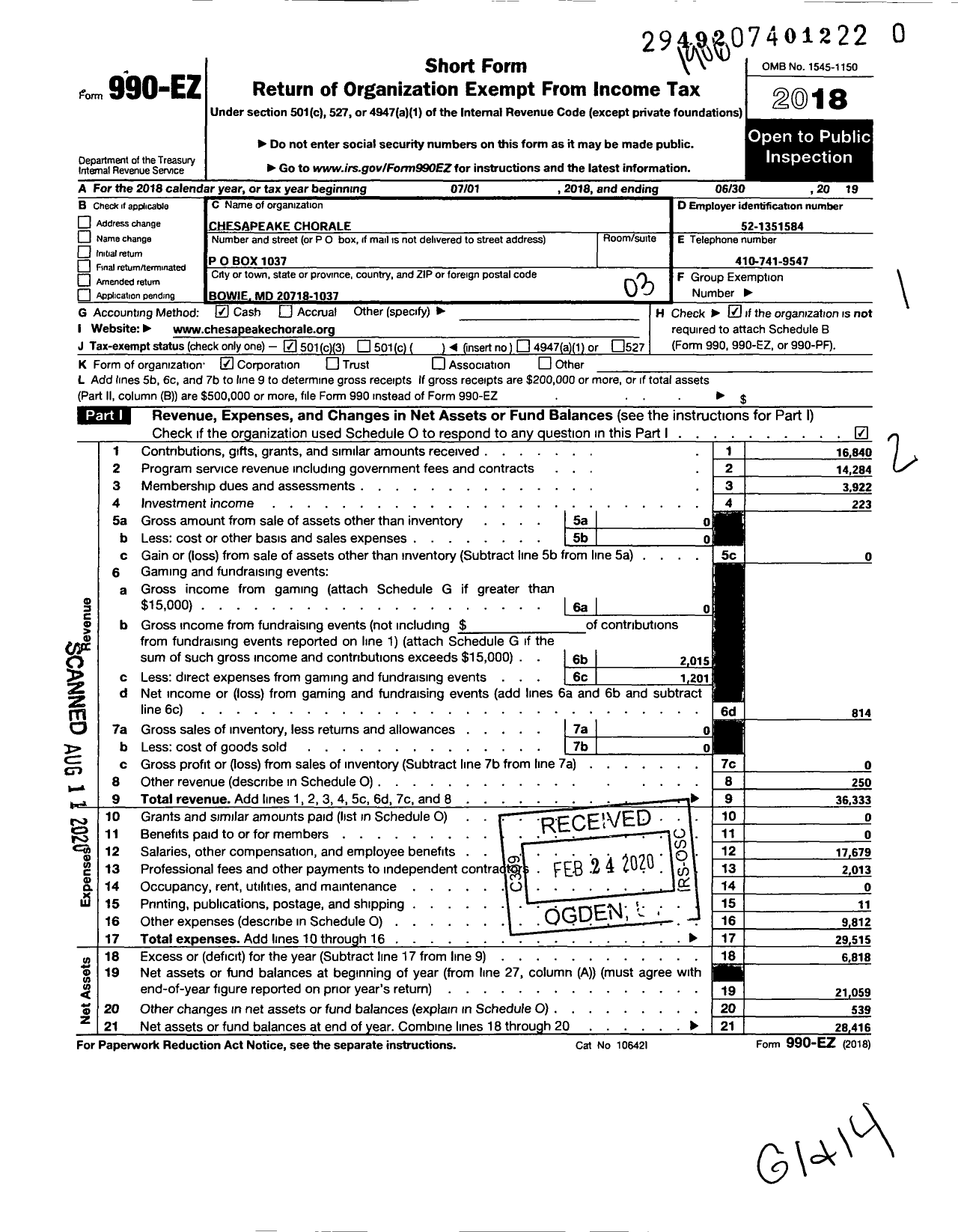 Image of first page of 2018 Form 990EZ for Chesapeake Chorale