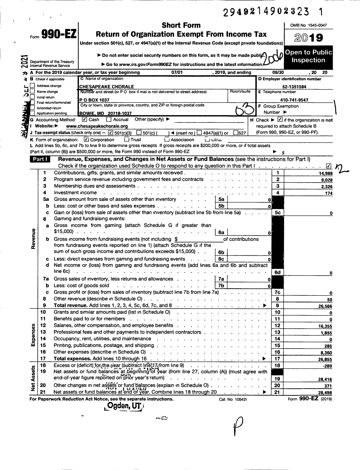 Image of first page of 2019 Form 990EZ for Chesapeake Chorale