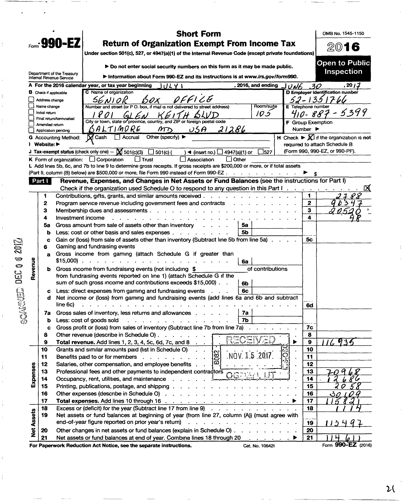 Image of first page of 2016 Form 990EZ for Senior Box Office