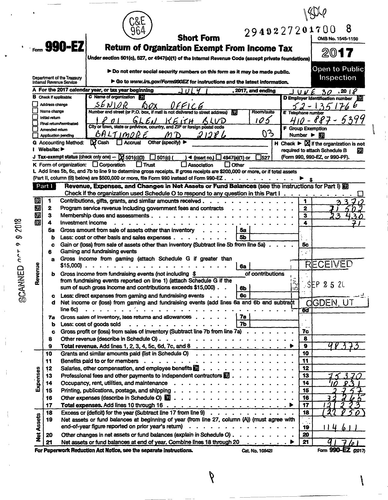 Image of first page of 2017 Form 990EZ for Senior Box Office