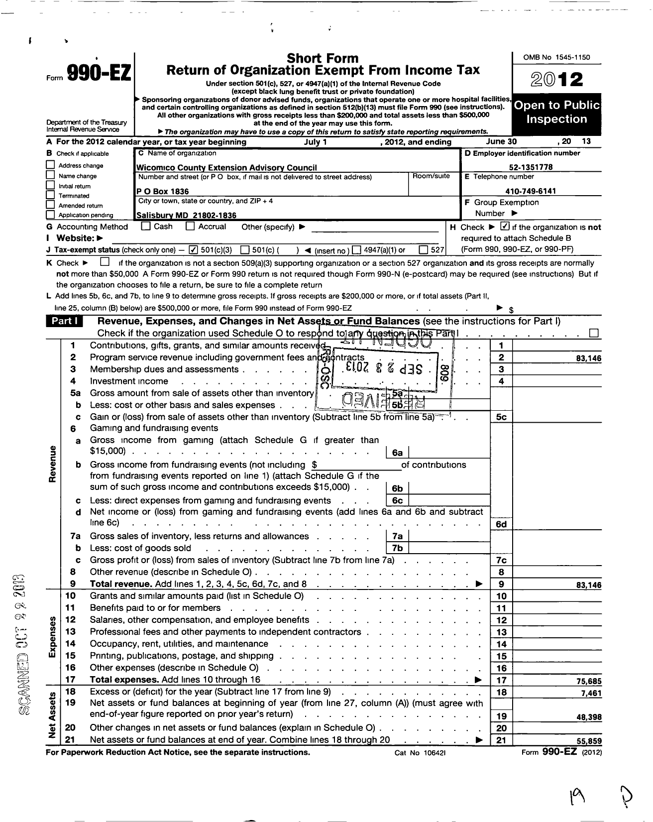 Image of first page of 2012 Form 990EZ for Wicomico County Extension Advisory Council