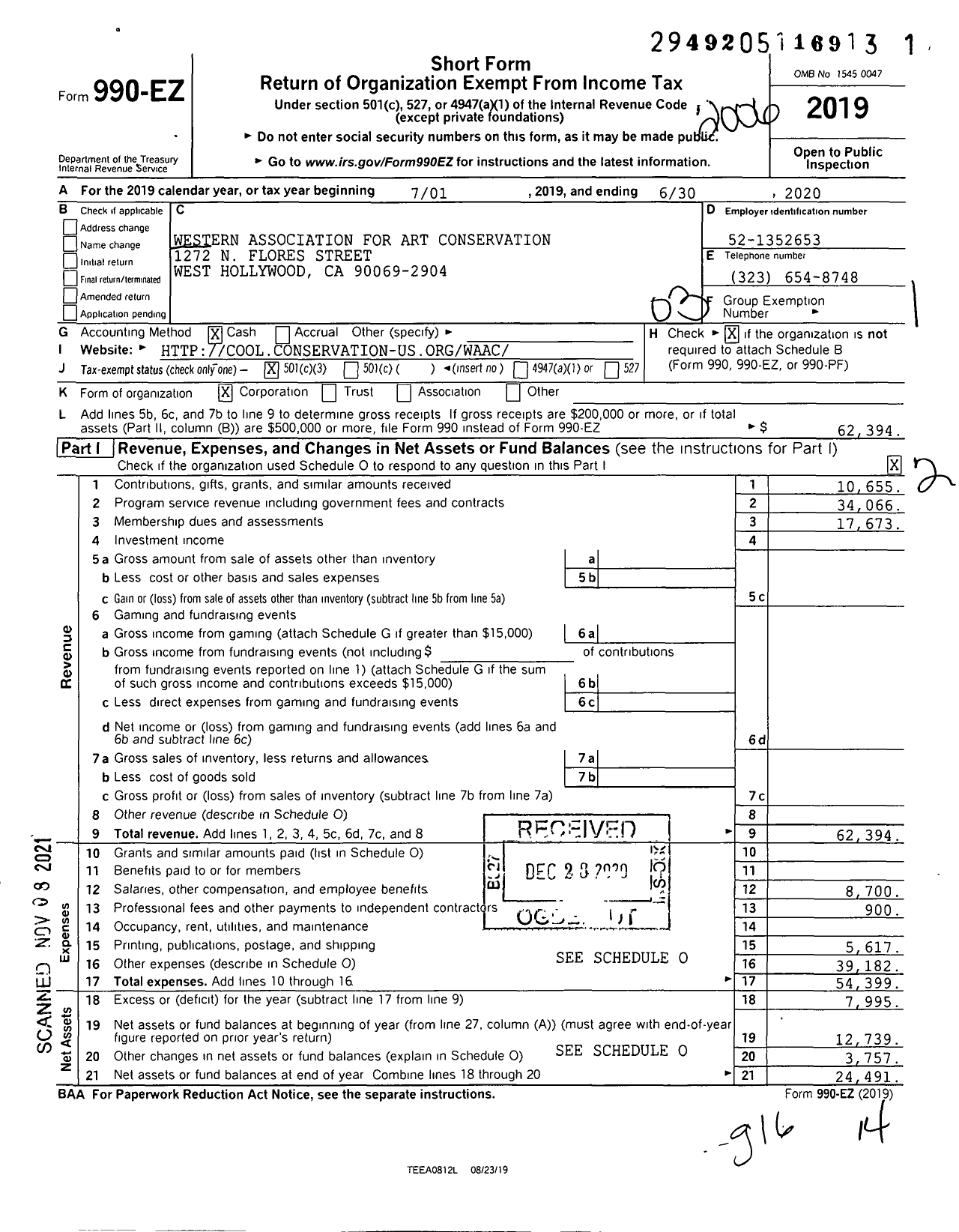 Image of first page of 2019 Form 990EZ for Western Association for Art Conservation