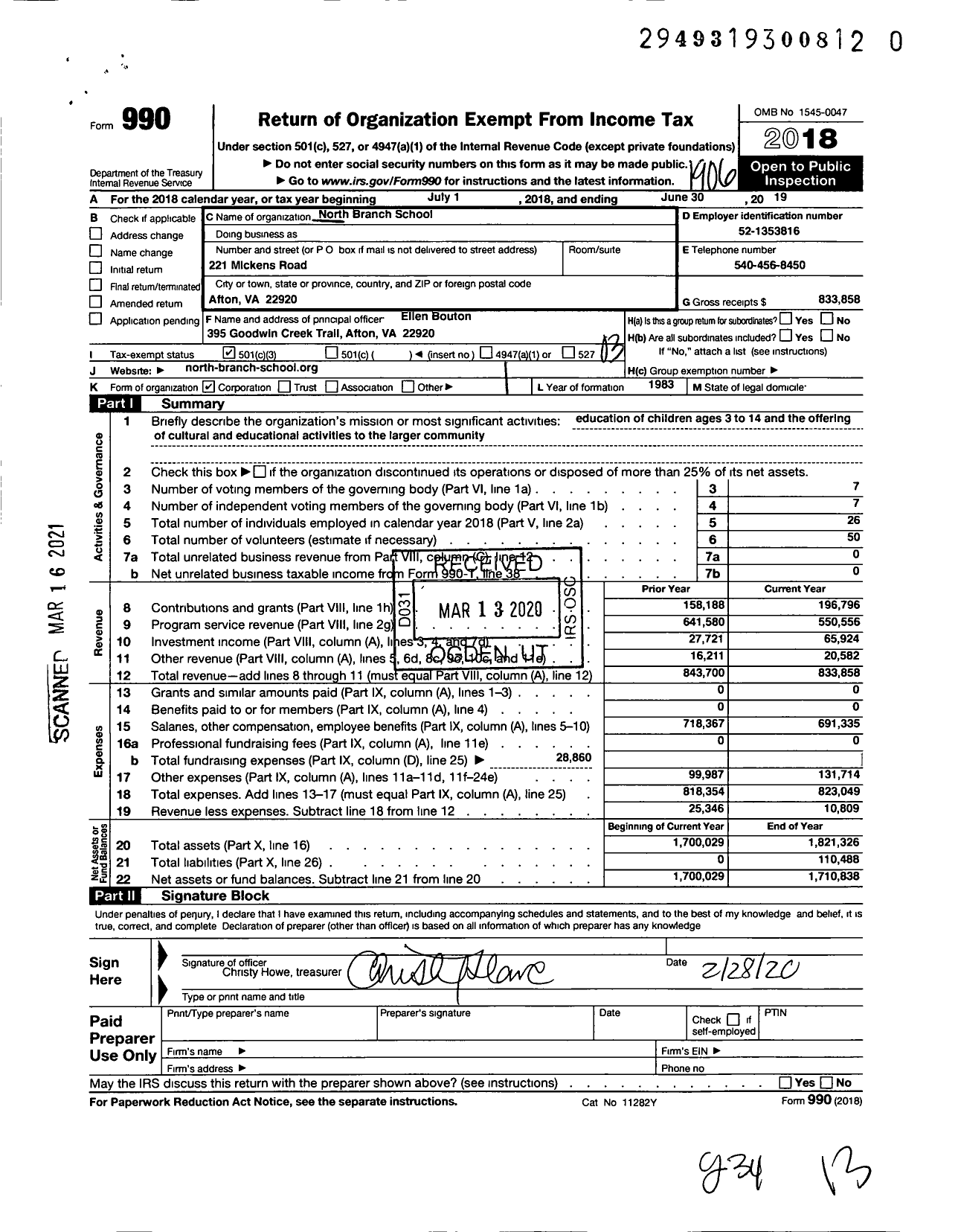 Image of first page of 2018 Form 990 for North Branch School