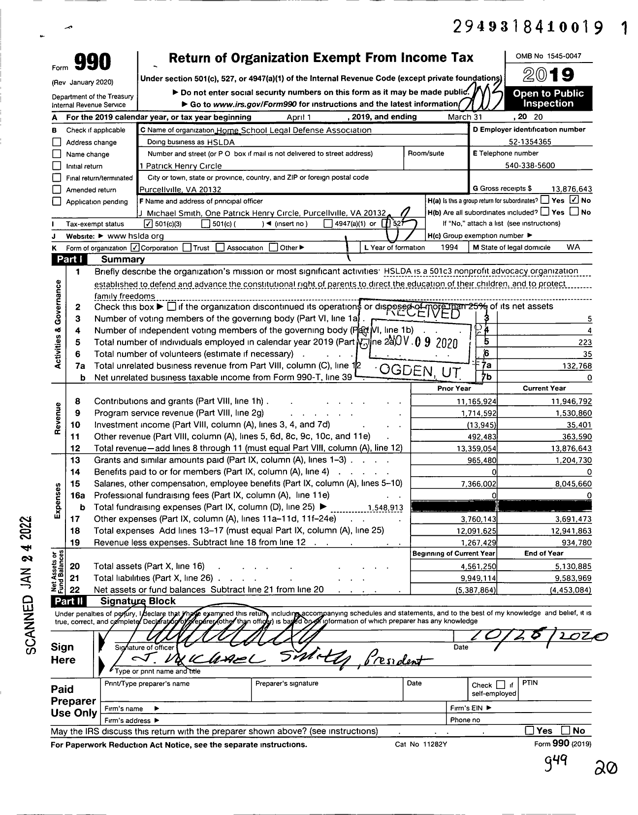 Image of first page of 2019 Form 990 for Home School Legal Defense Association (HSLDA)