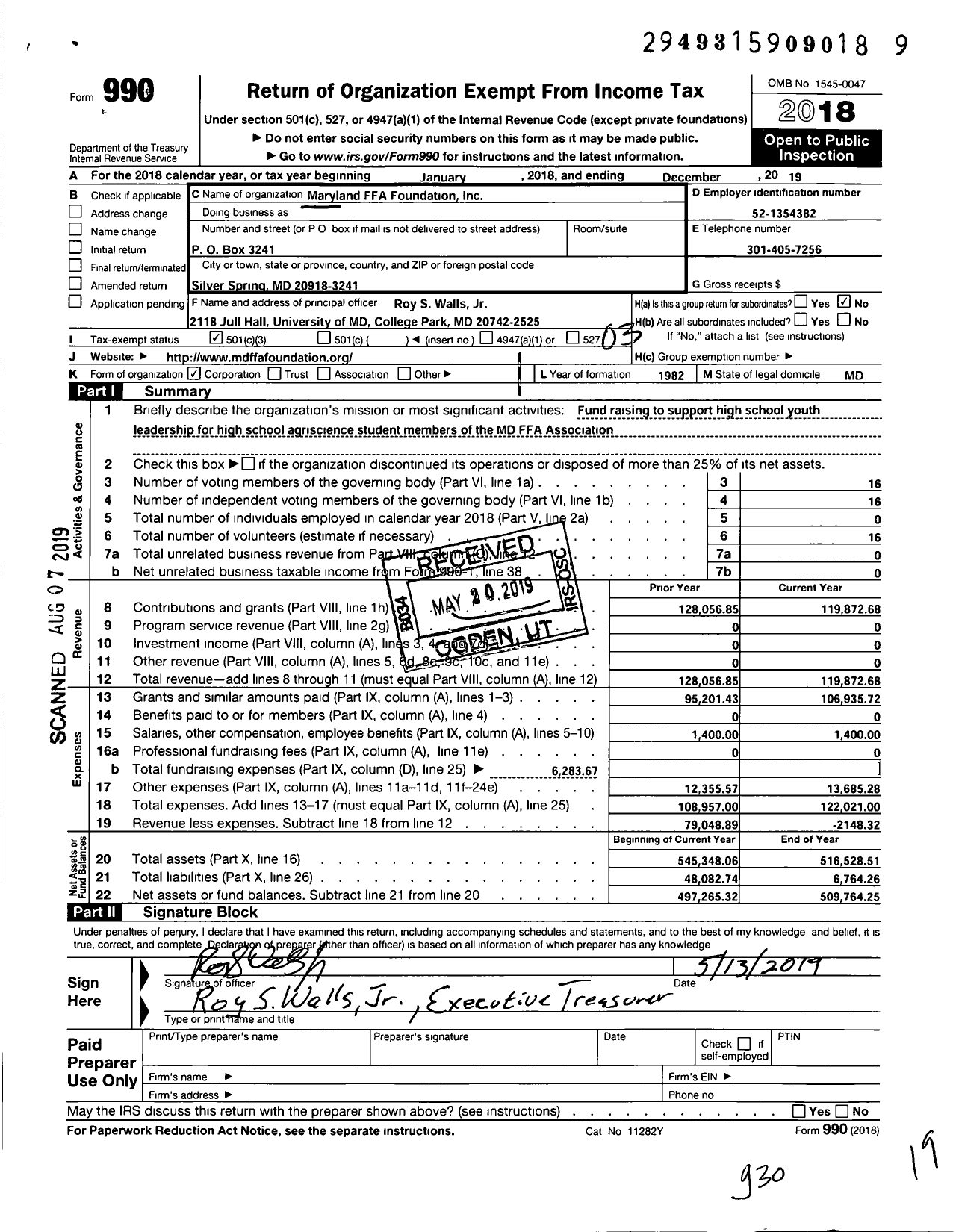 Image of first page of 2019 Form 990 for Maryland Ffa Foundation Incorporated