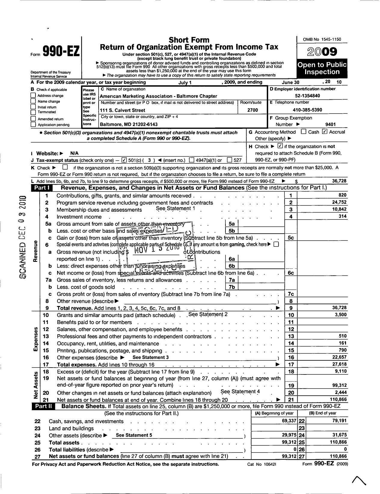 Image of first page of 2009 Form 990EZ for American Marketing Association / Baltimore Chapter