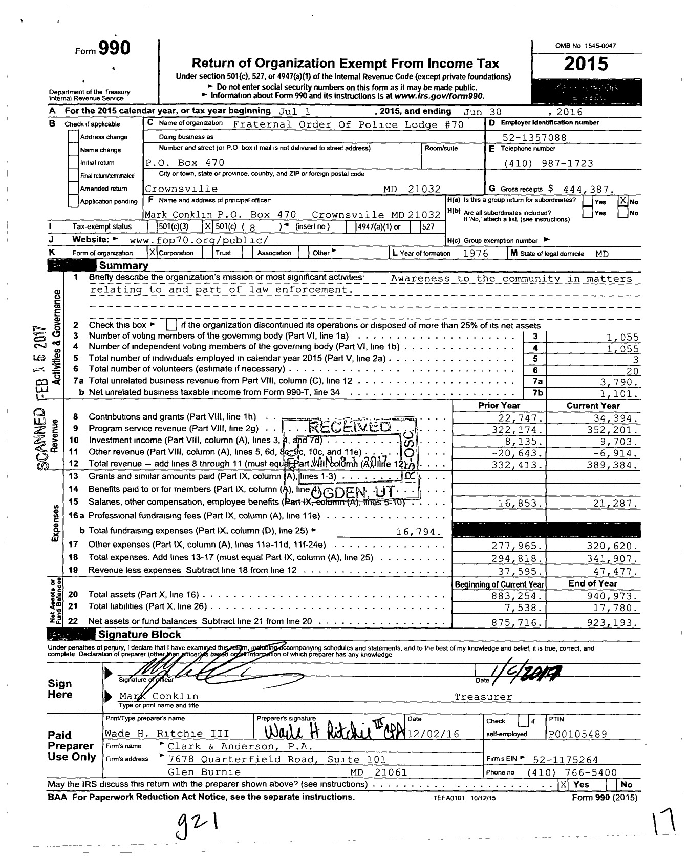 Image of first page of 2015 Form 990O for Fraternal Order Of Police - 70 Anne Arundel Co Police