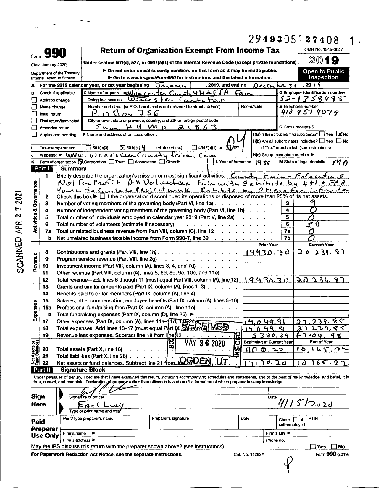 Image of first page of 2019 Form 990O for Worcester County Fair