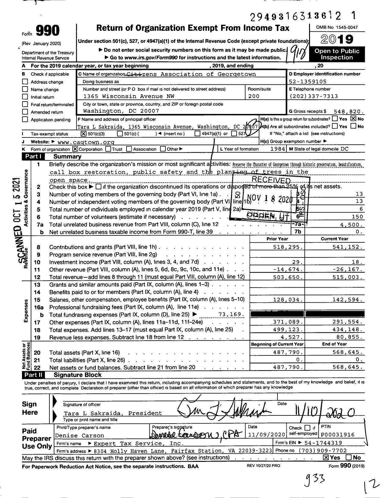 Image of first page of 2019 Form 990 for Citizens Association of Georgetown