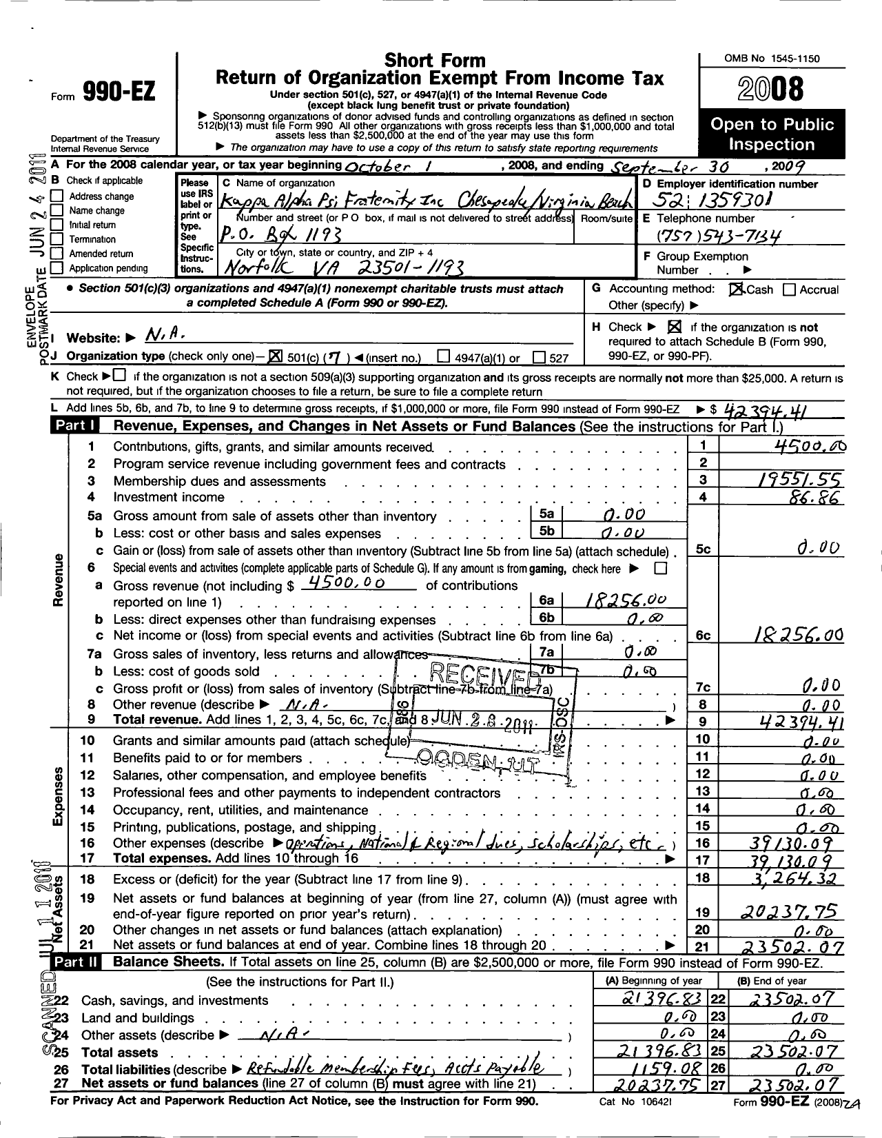 Image of first page of 2008 Form 990EO for Kappa Alpha Psi Fraternity / Chesapeake-Virginia Alumni Chapter