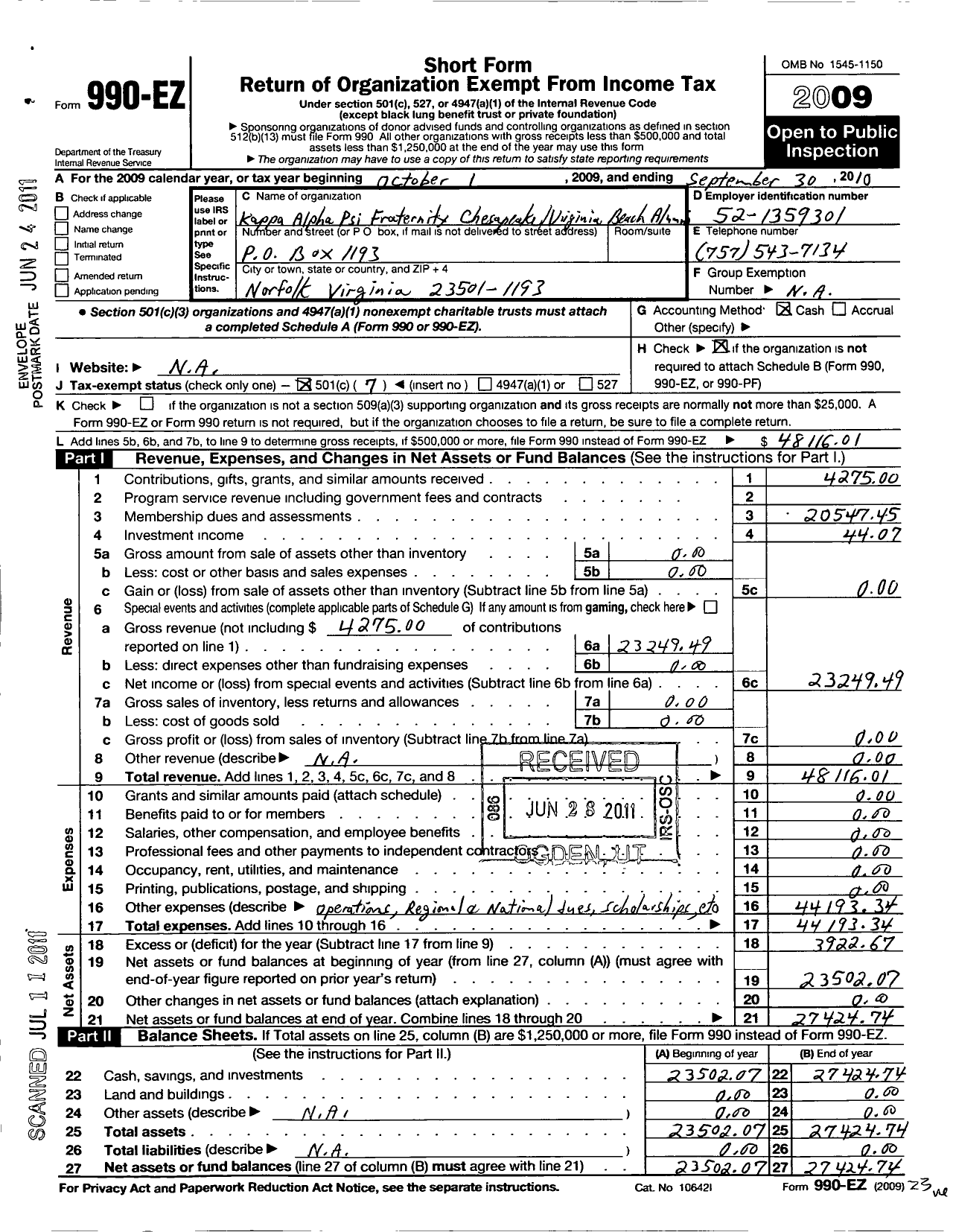 Image of first page of 2009 Form 990EO for Kappa Alpha Psi Fraternity / Chesapeake-Virginia Alumni Chapter