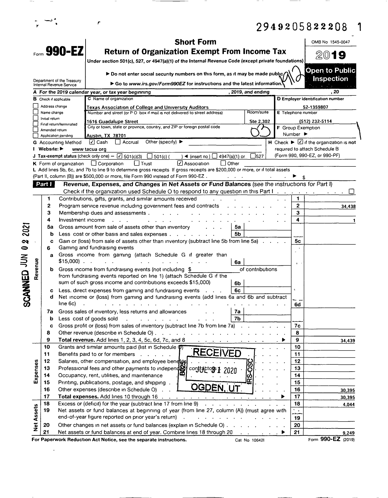 Image of first page of 2019 Form 990EZ for Texas Association of College and University Iversity Auditors