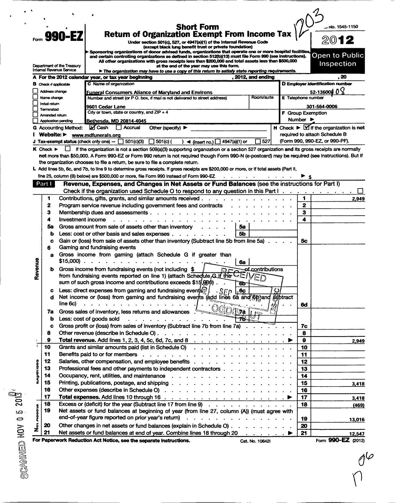 Image of first page of 2011 Form 990EO for Funeral Consumers Alliance of Maryland and Environs