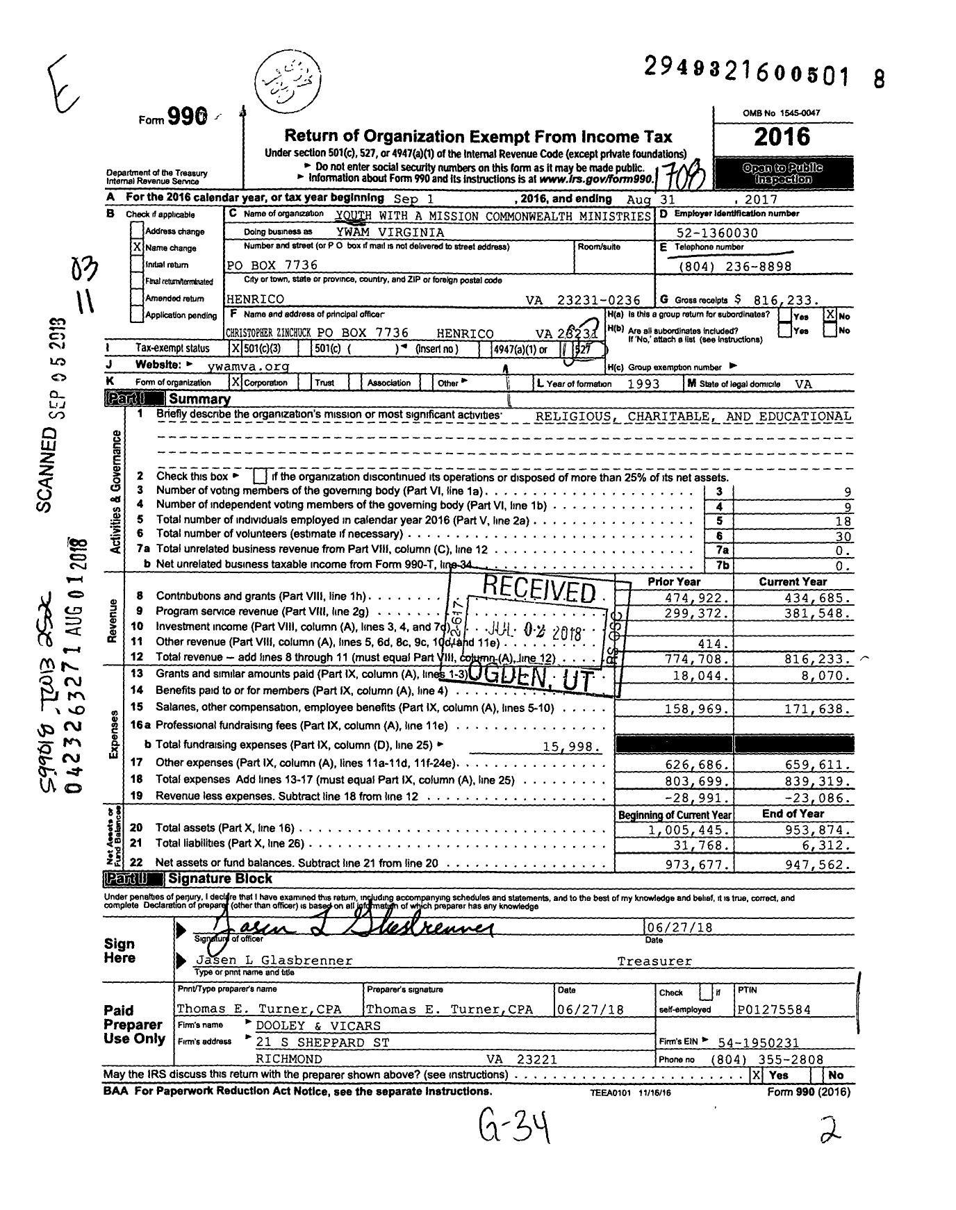 Image of first page of 2016 Form 990 for Youth with A Mission / University of the Nations Va