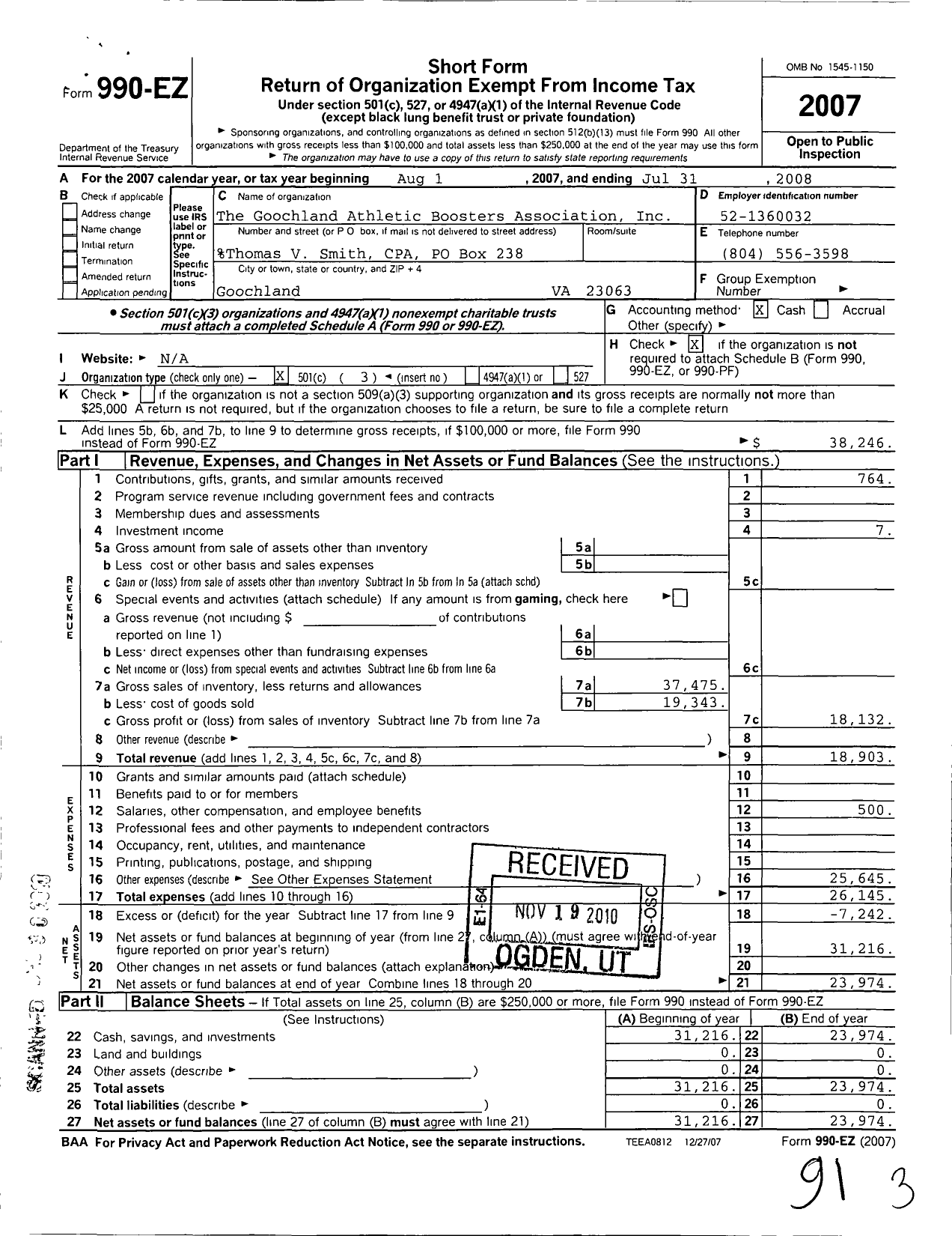 Image of first page of 2007 Form 990EZ for Goochland Athletic Boosters Association