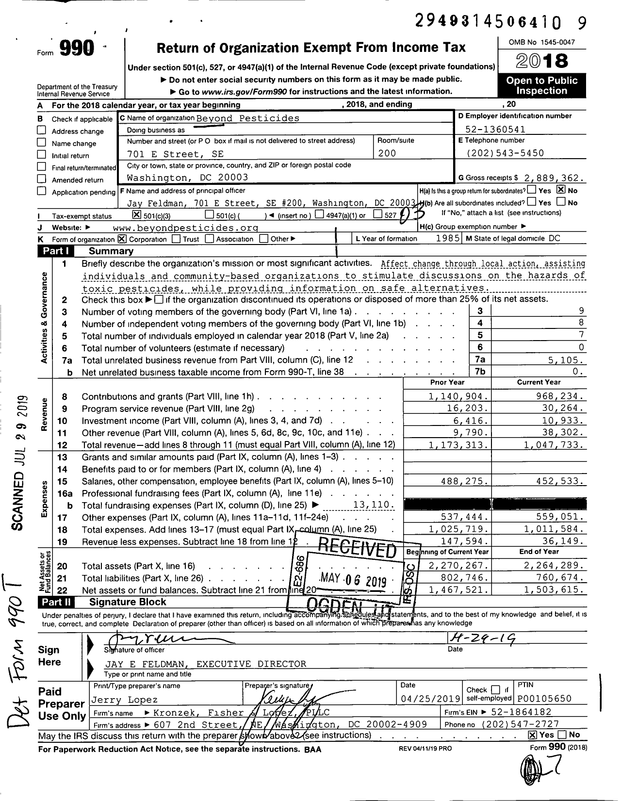 Image of first page of 2018 Form 990 for Beyond Pesticides