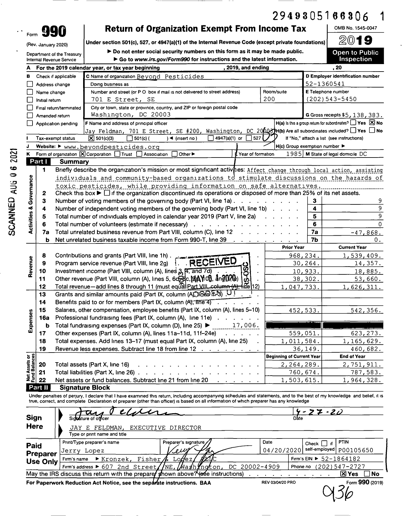 Image of first page of 2019 Form 990 for Beyond Pesticides