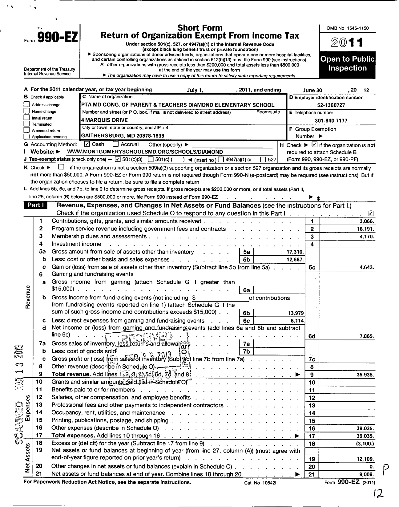 Image of first page of 2011 Form 990EZ for PTA Delaware Congress / Diamond Elementary School