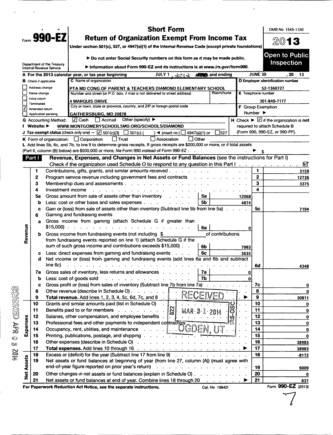 Image of first page of 2012 Form 990EZ for PTA Delaware Congress / Diamond Elementary School