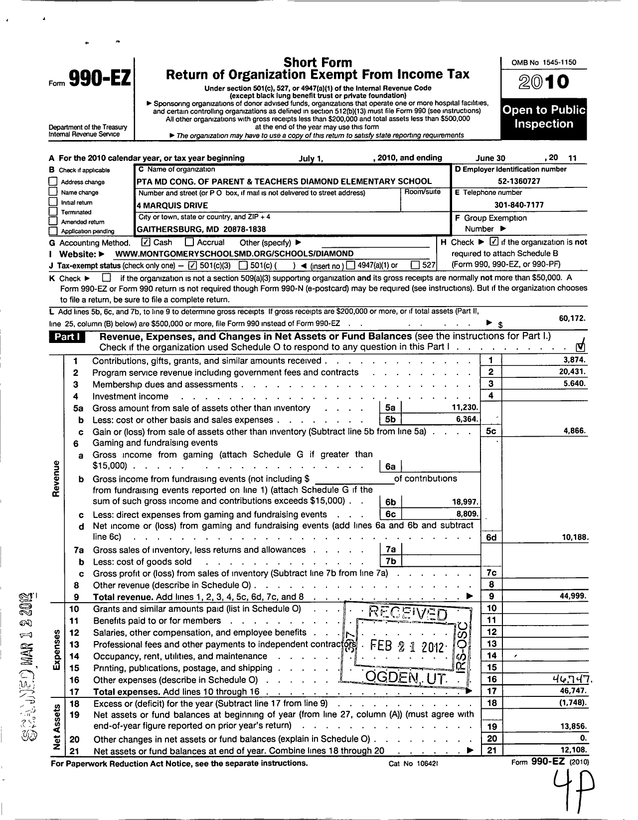 Image of first page of 2010 Form 990EZ for PTA Delaware Congress / Diamond Elementary School