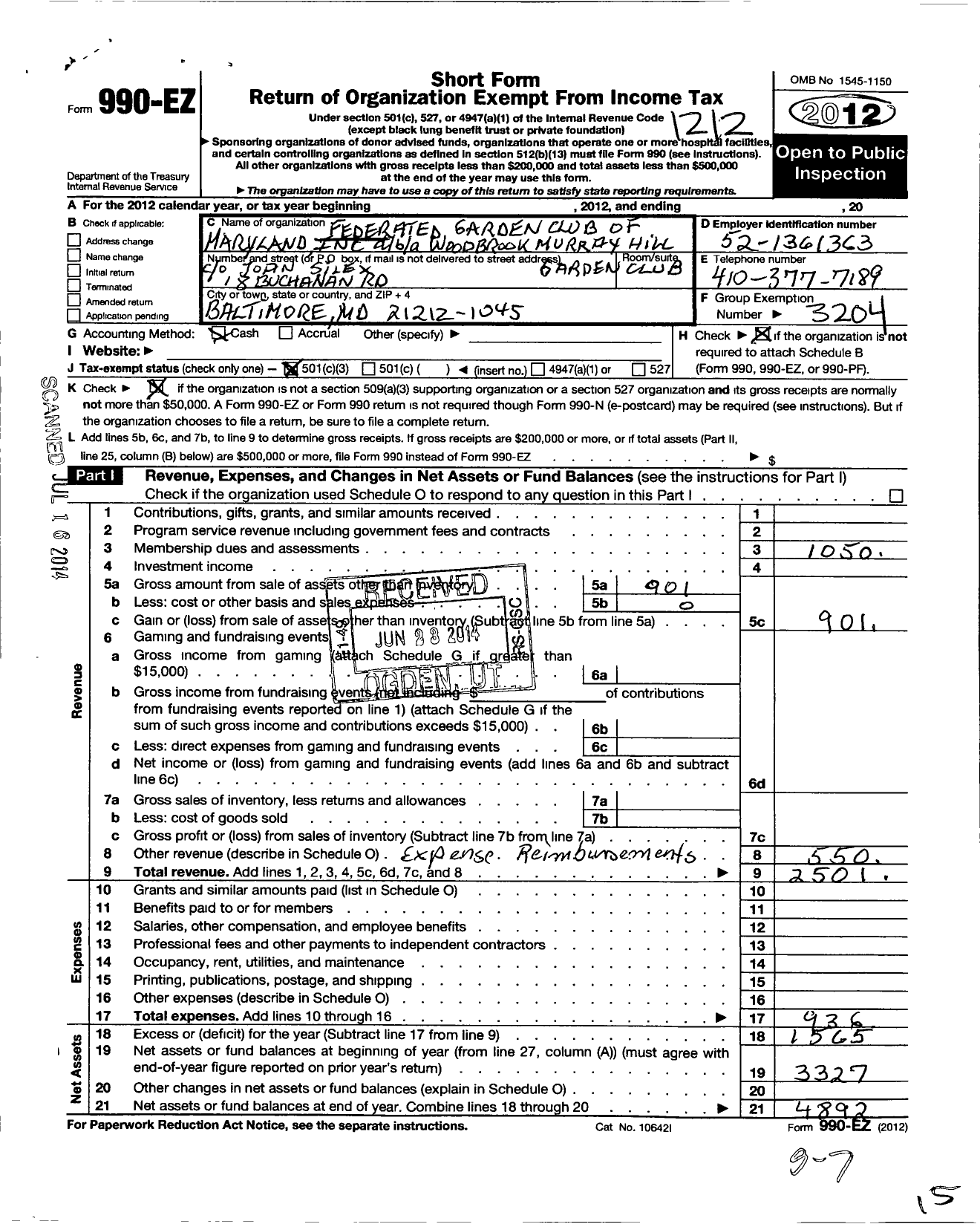 Image of first page of 2012 Form 990EZ for Federated Garden Clubs of Maryland / Woodbrook-Murray Hill Garden Club