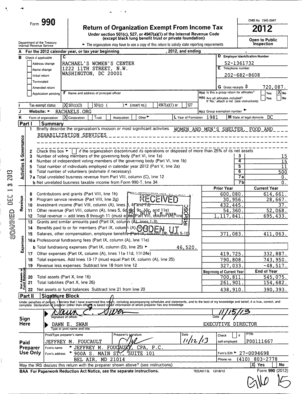 Image of first page of 2012 Form 990 for Rachaels Womens Center