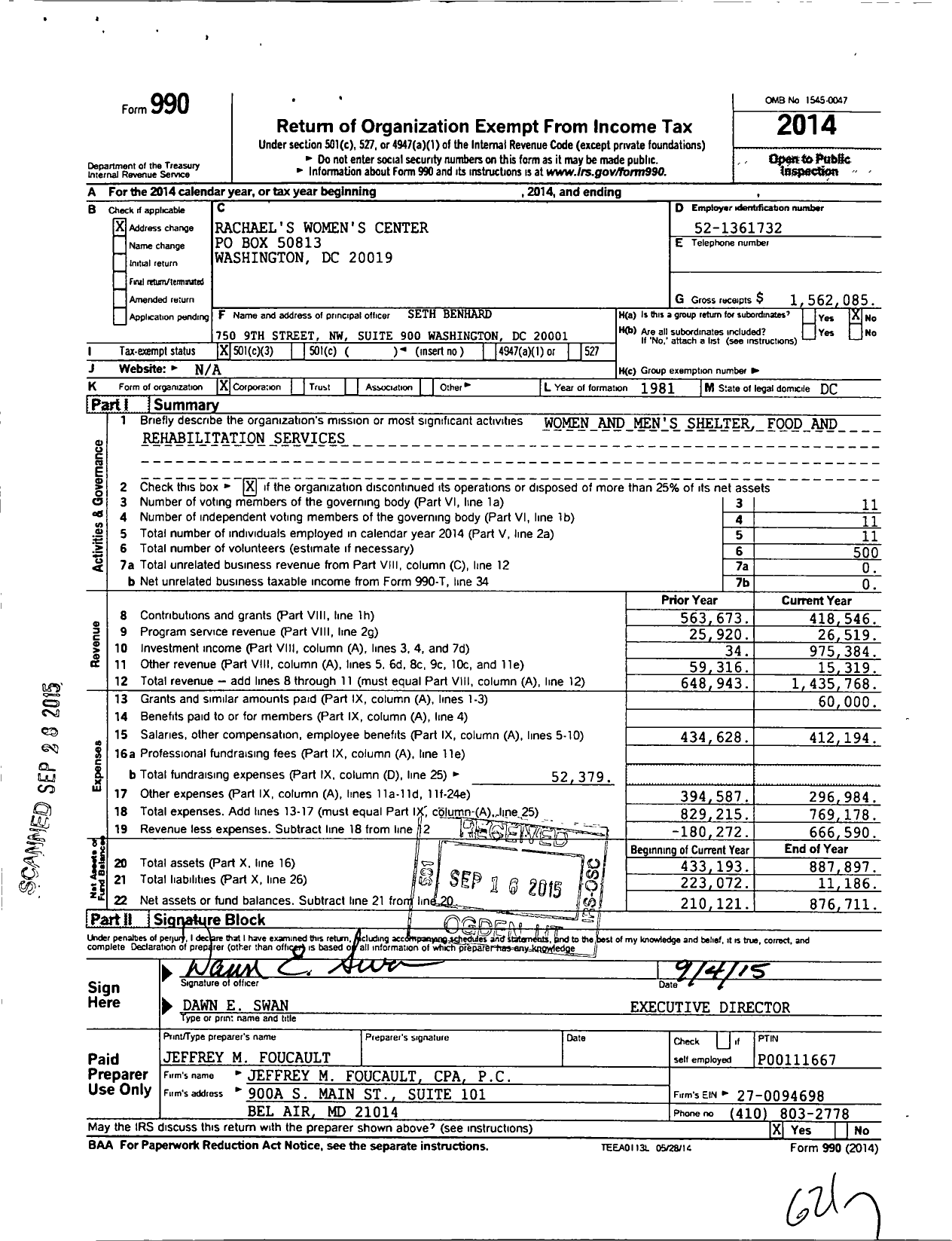 Image of first page of 2014 Form 990 for Rachaels Womens Center