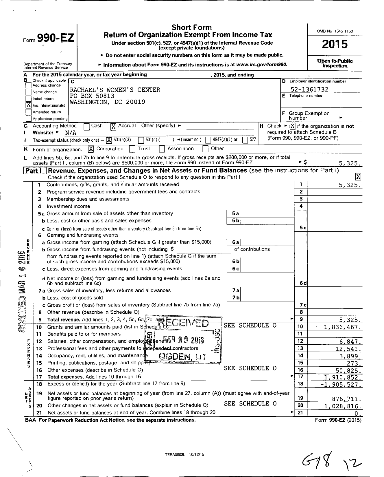 Image of first page of 2015 Form 990EZ for Rachaels Womens Center