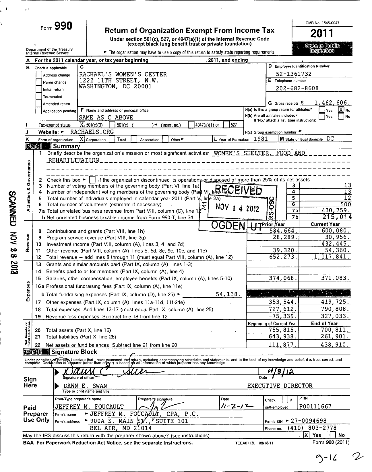 Image of first page of 2011 Form 990 for Rachaels Womens Center