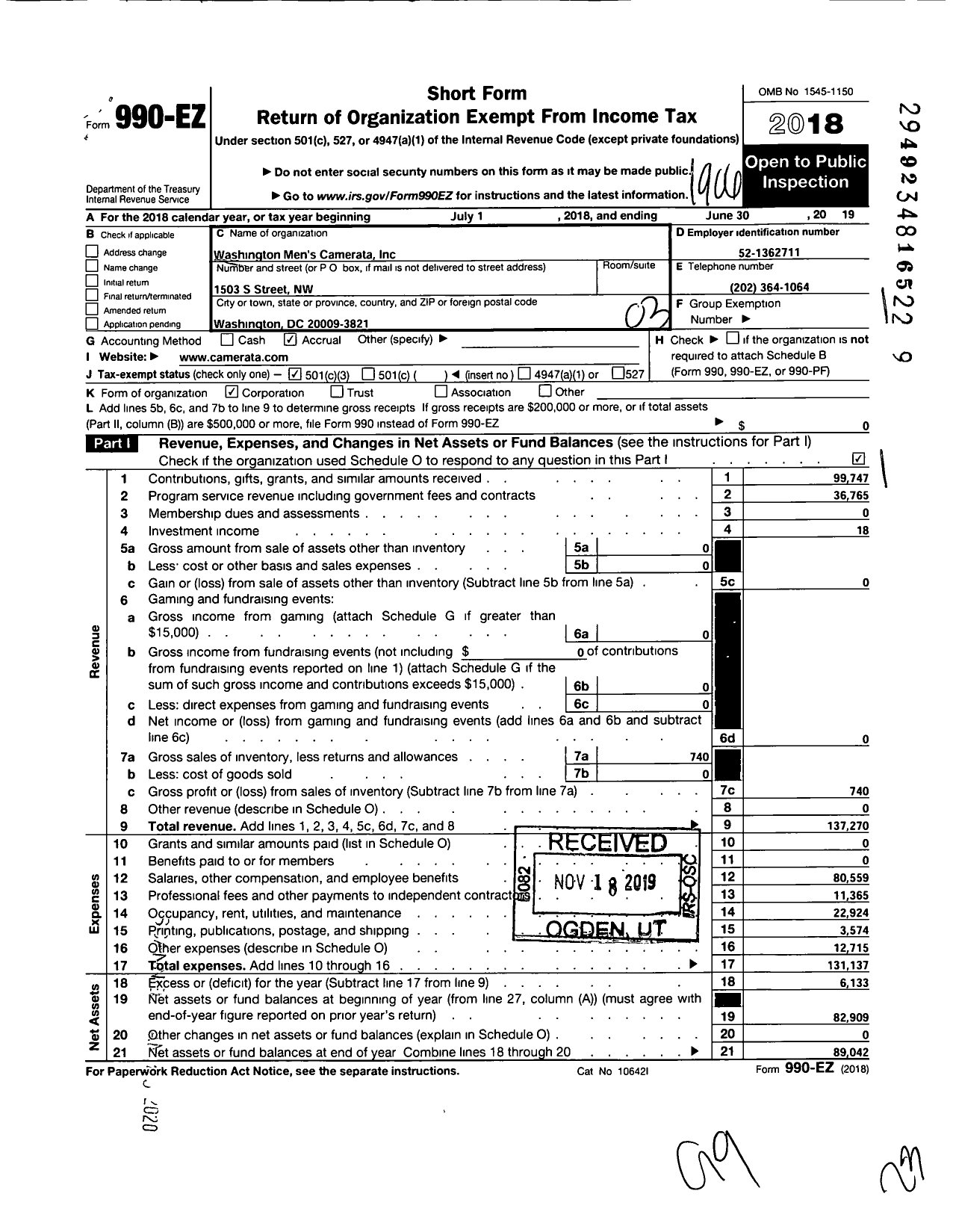 Image of first page of 2018 Form 990EZ for The Washington Mens Camerata