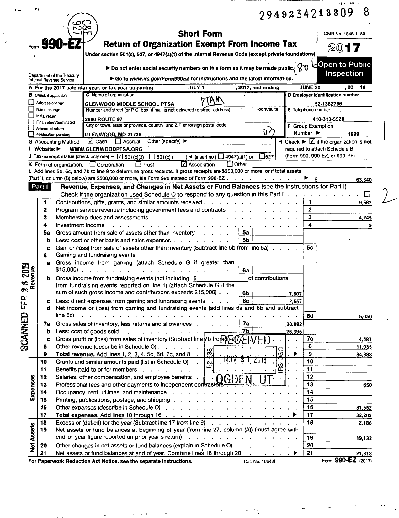 Image of first page of 2017 Form 990EZ for PTA Delaware Congress / Glenwood Middle School