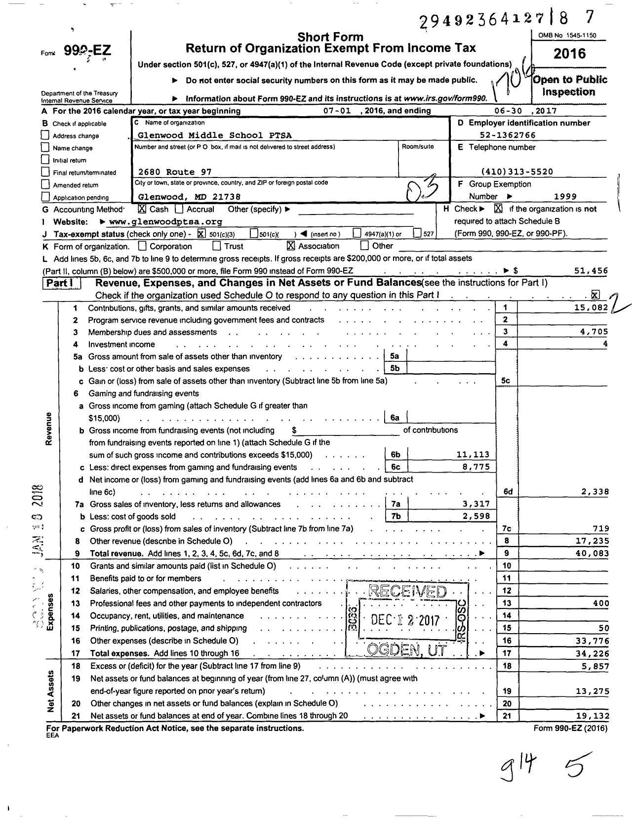 Image of first page of 2016 Form 990EZ for PTA Delaware Congress / Glenwood Middle School