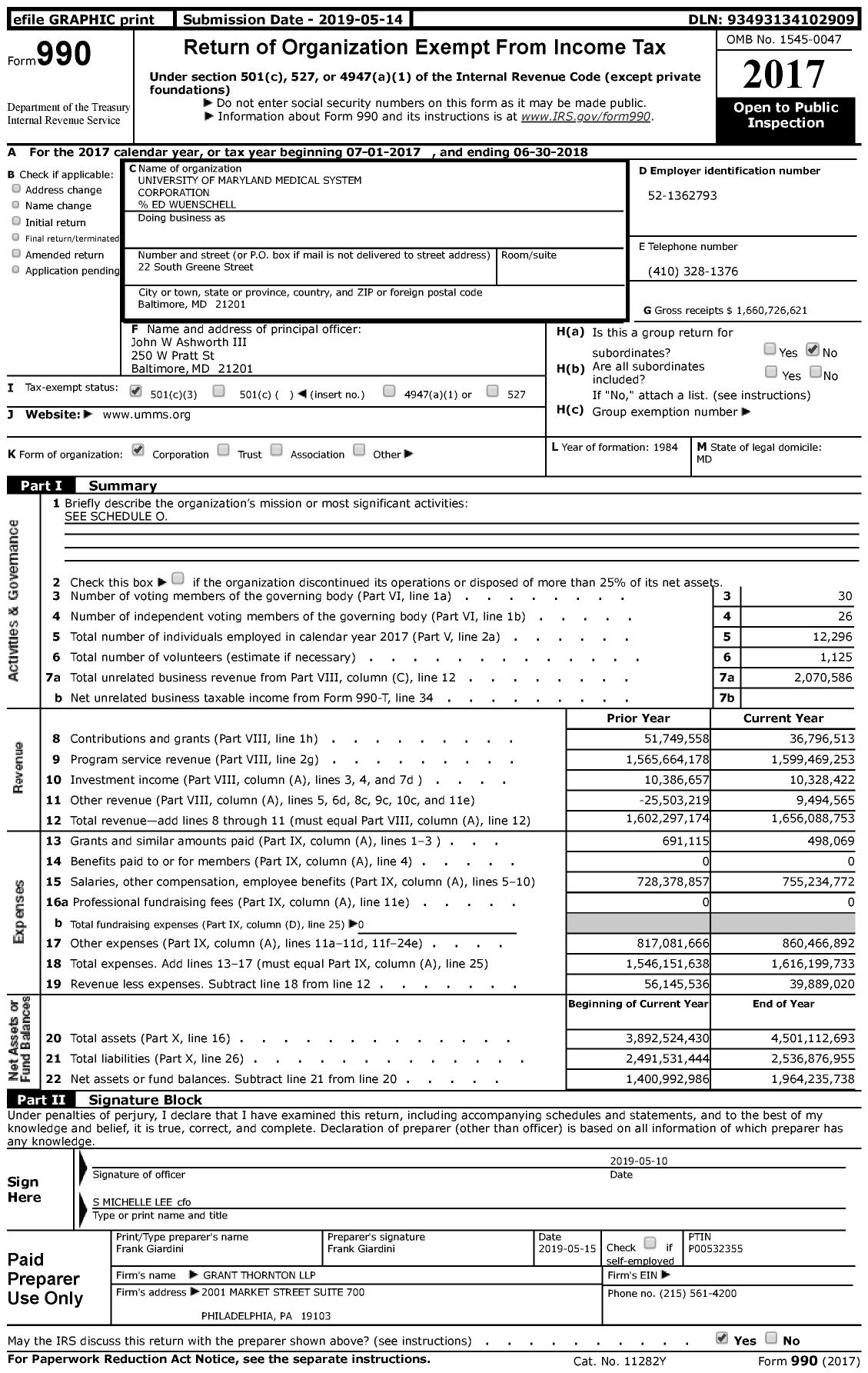 Image of first page of 2017 Form 990 for University of Maryland Medical Center (UMMS)